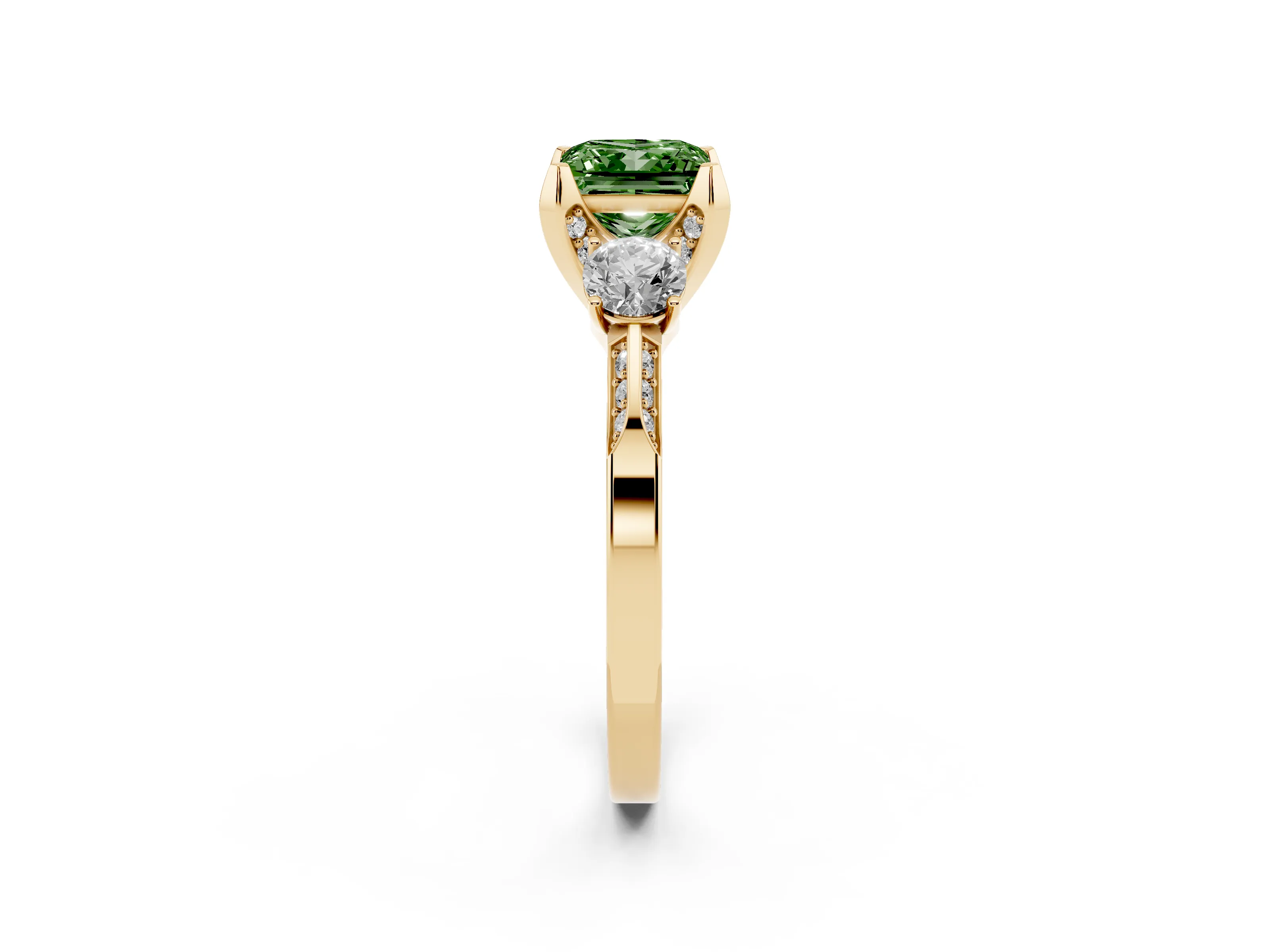 Fancy Green Princess Cut Diamond Three-Stone Ring Set in Yellow gold with Pavé Band and Smaller Side Stones
