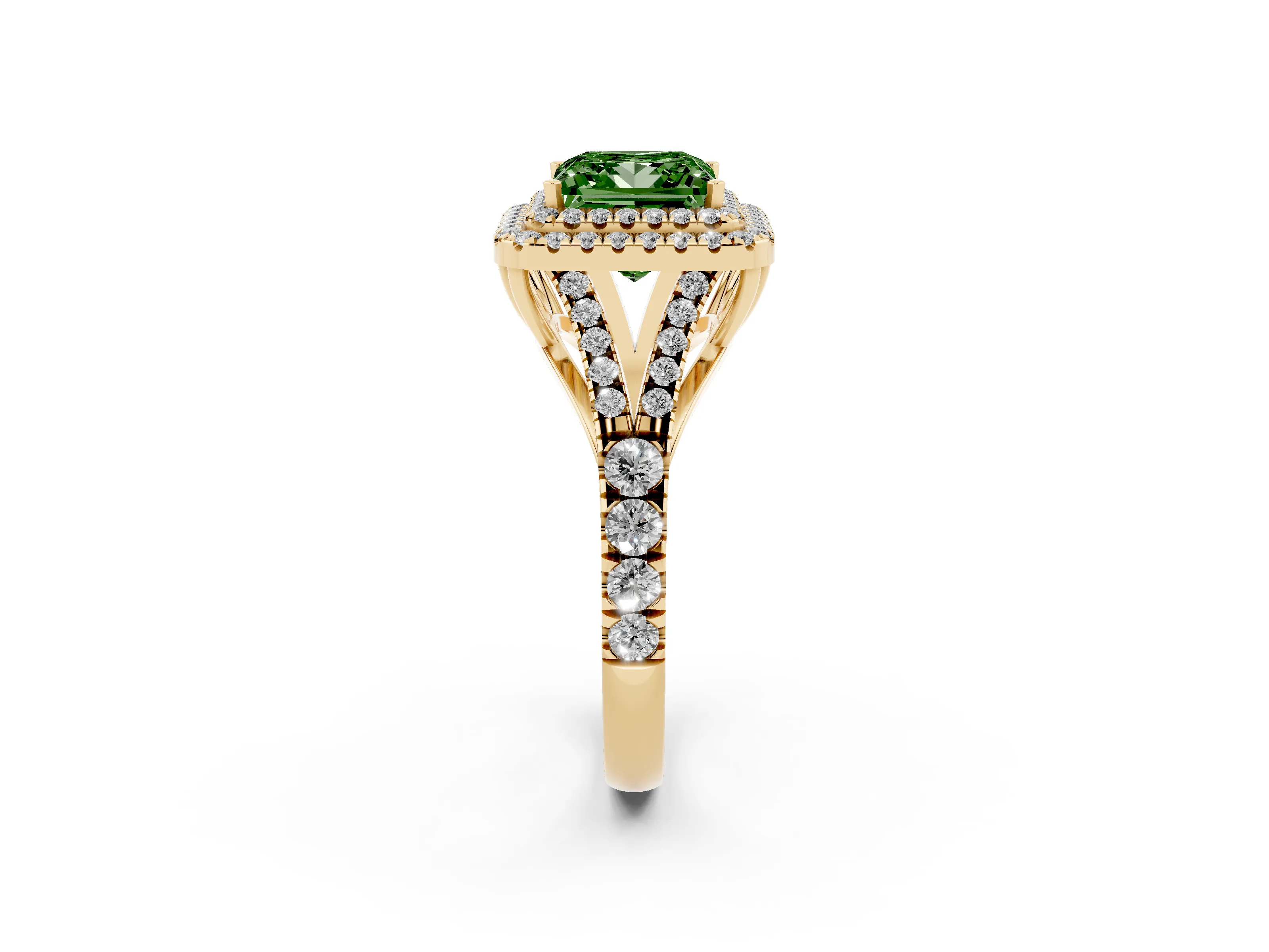 Fancy Green Princess Cut Diamond Pavé Split Shank Double Halo Engagement Ring Set in Yellow gold
