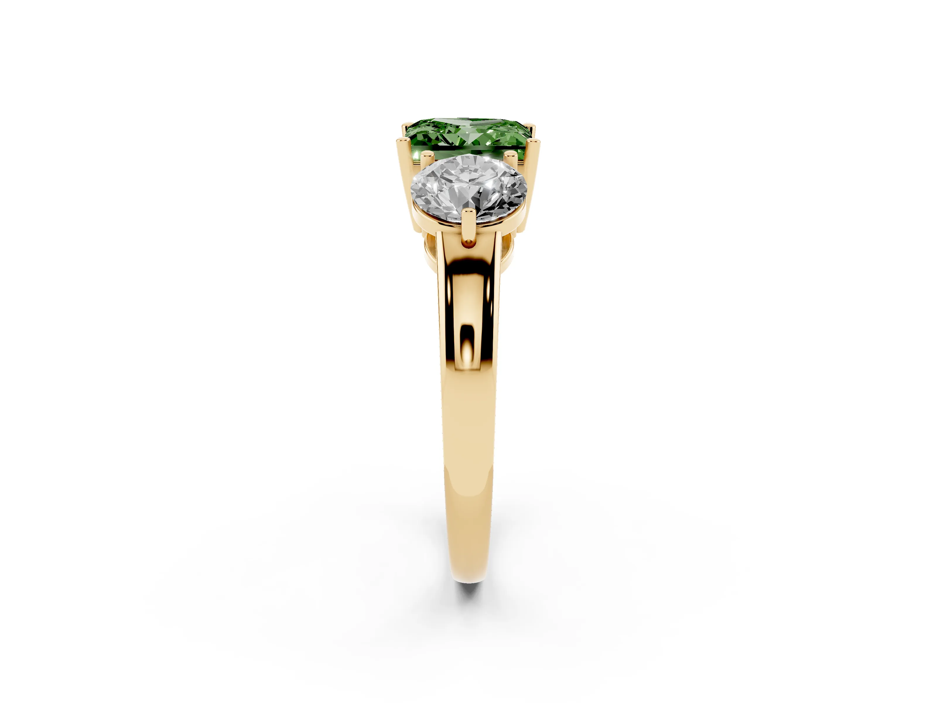 Fancy Green Princess Cut Diamond Three-Stone Ring Set in Yellow gold with Prong Setting and Plain Band