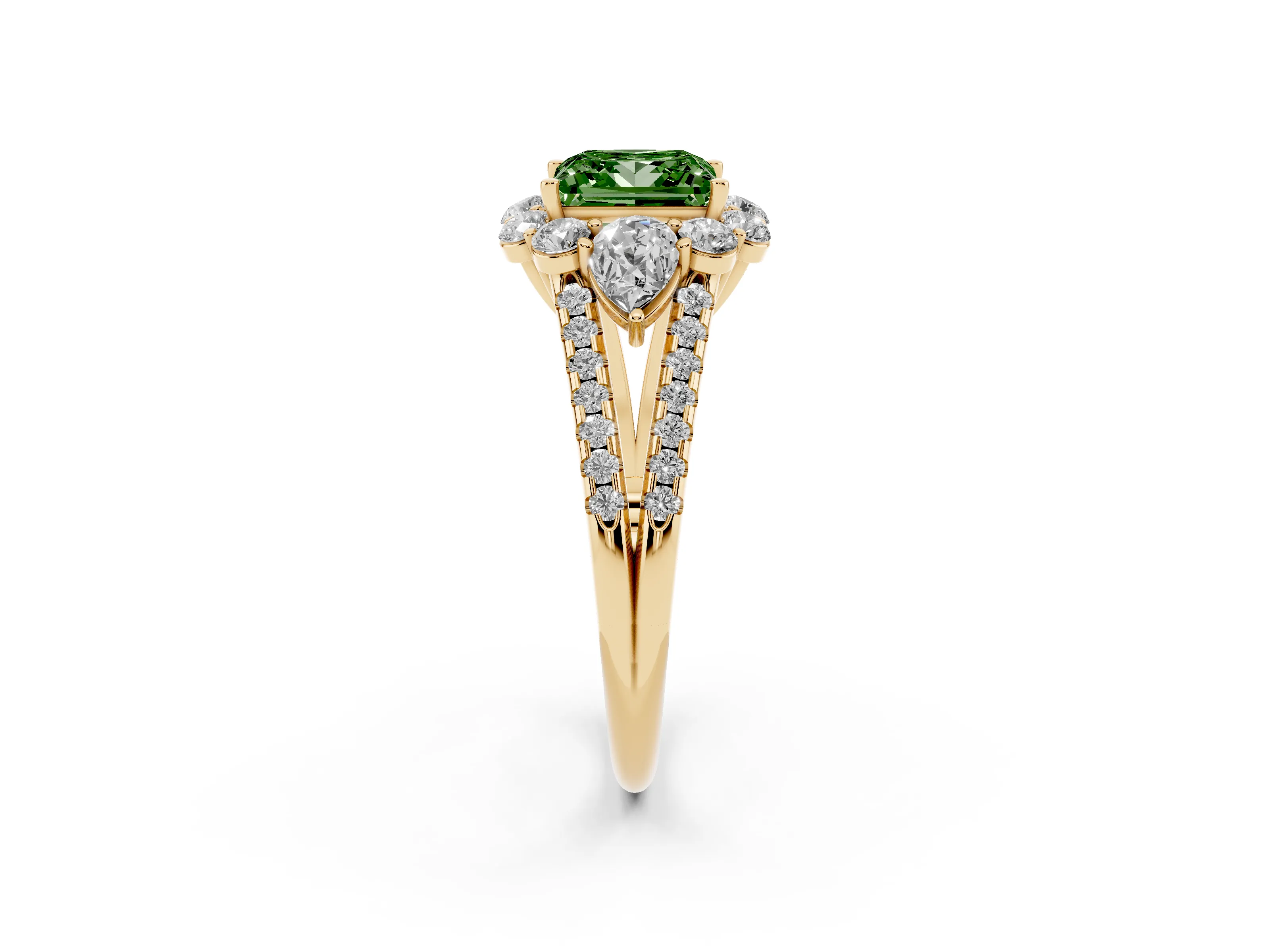 Fancy Green Princess Cut Diamond Halo Split Shank Engagement Ring Set in Yellow gold with Prong-Held Center Stone