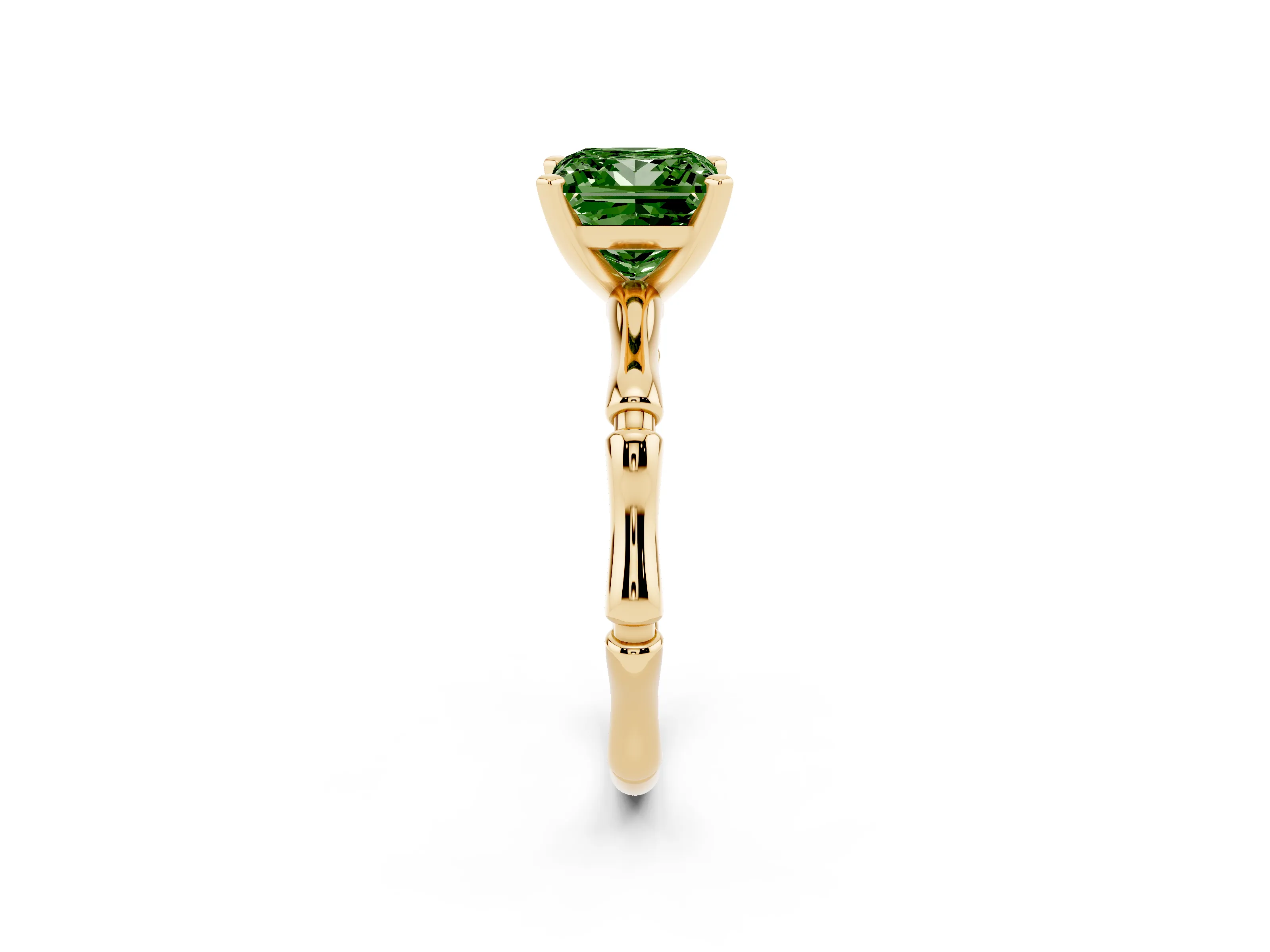 Fancy Green Princess Cut Diamond Solitaire Ring Set in Yellow gold with Bamboo Band and Prong Setting