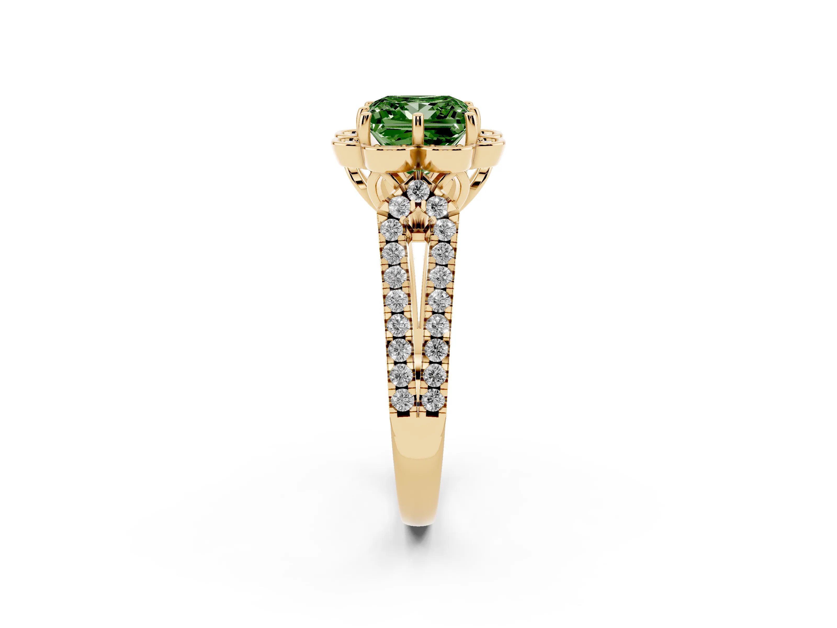 Fancy Green Princess Cut Diamond Floral Halo Split Shank Engagement Ring Set in Yellow gold with Pavé Shank