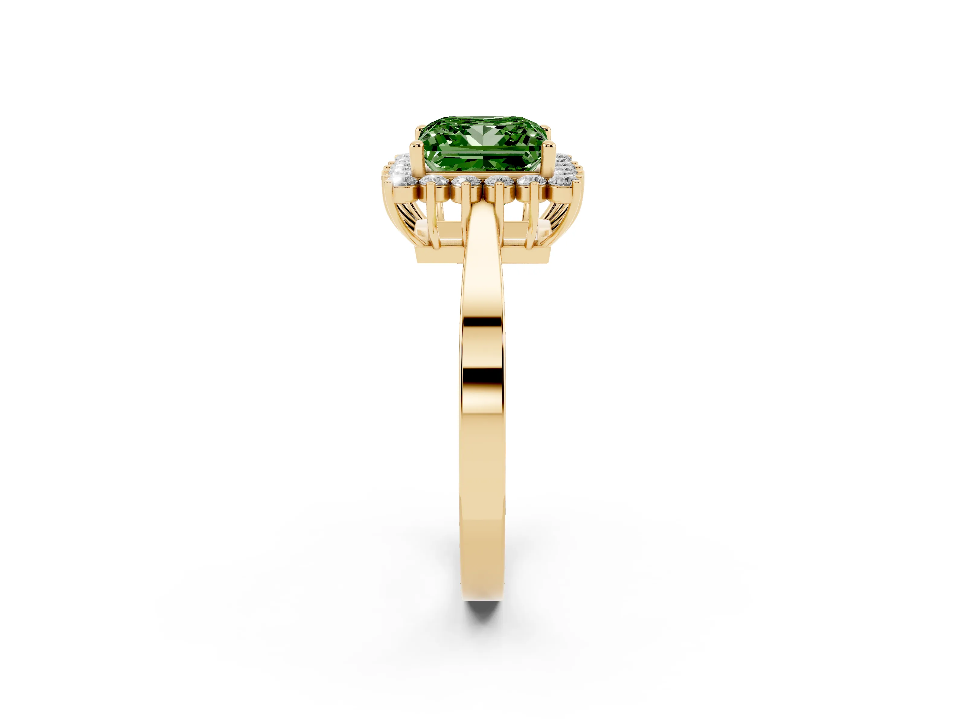 Fancy Green Princess Cut Diamond Halo Ring Set in Yellow gold with Round Halo and Smooth Solitaire Band