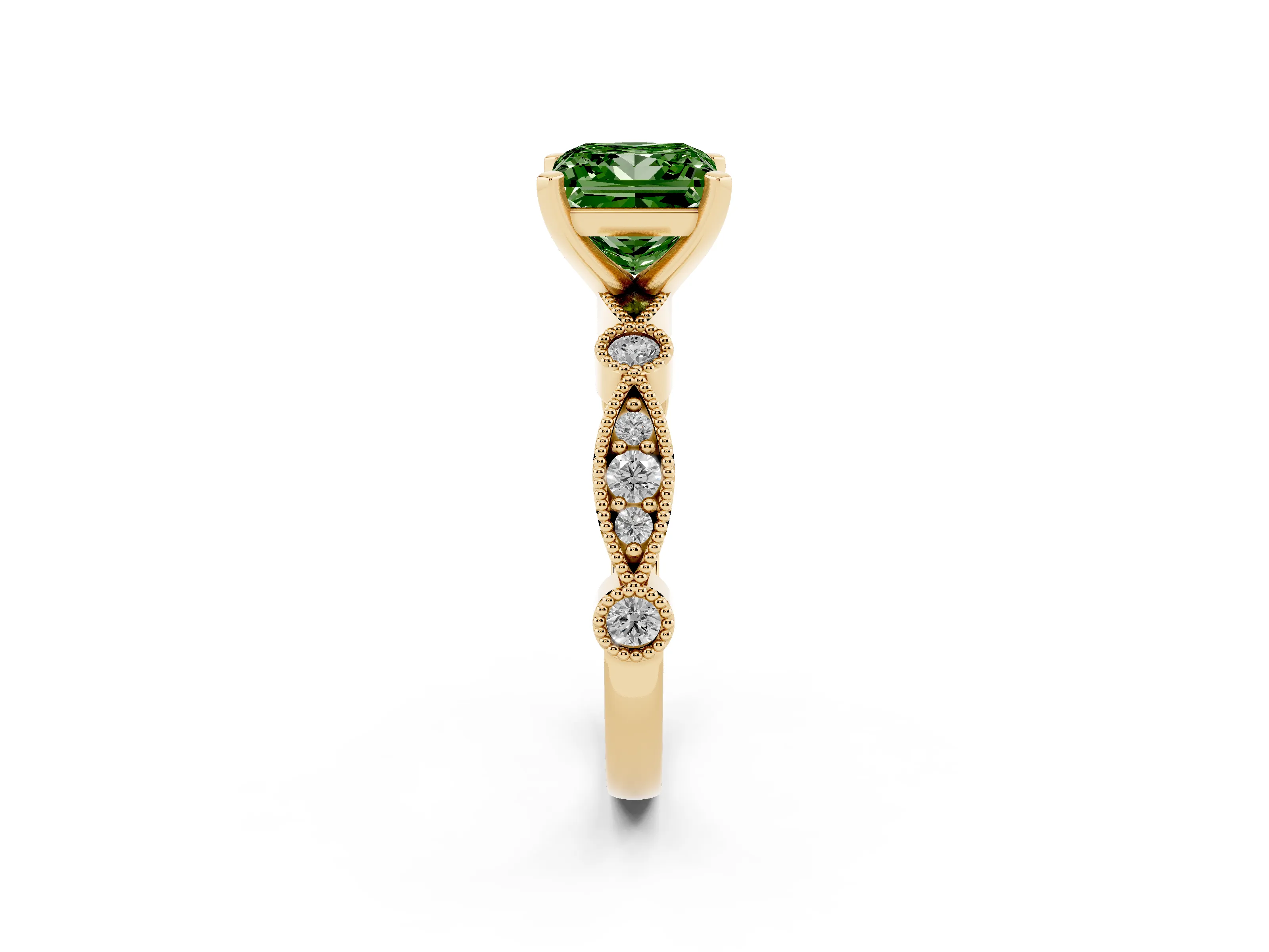 Fancy Green Princess Cut Diamond Solitaire Engagement Ring Set in Yellow gold with Milgrain Bezel Accent Band