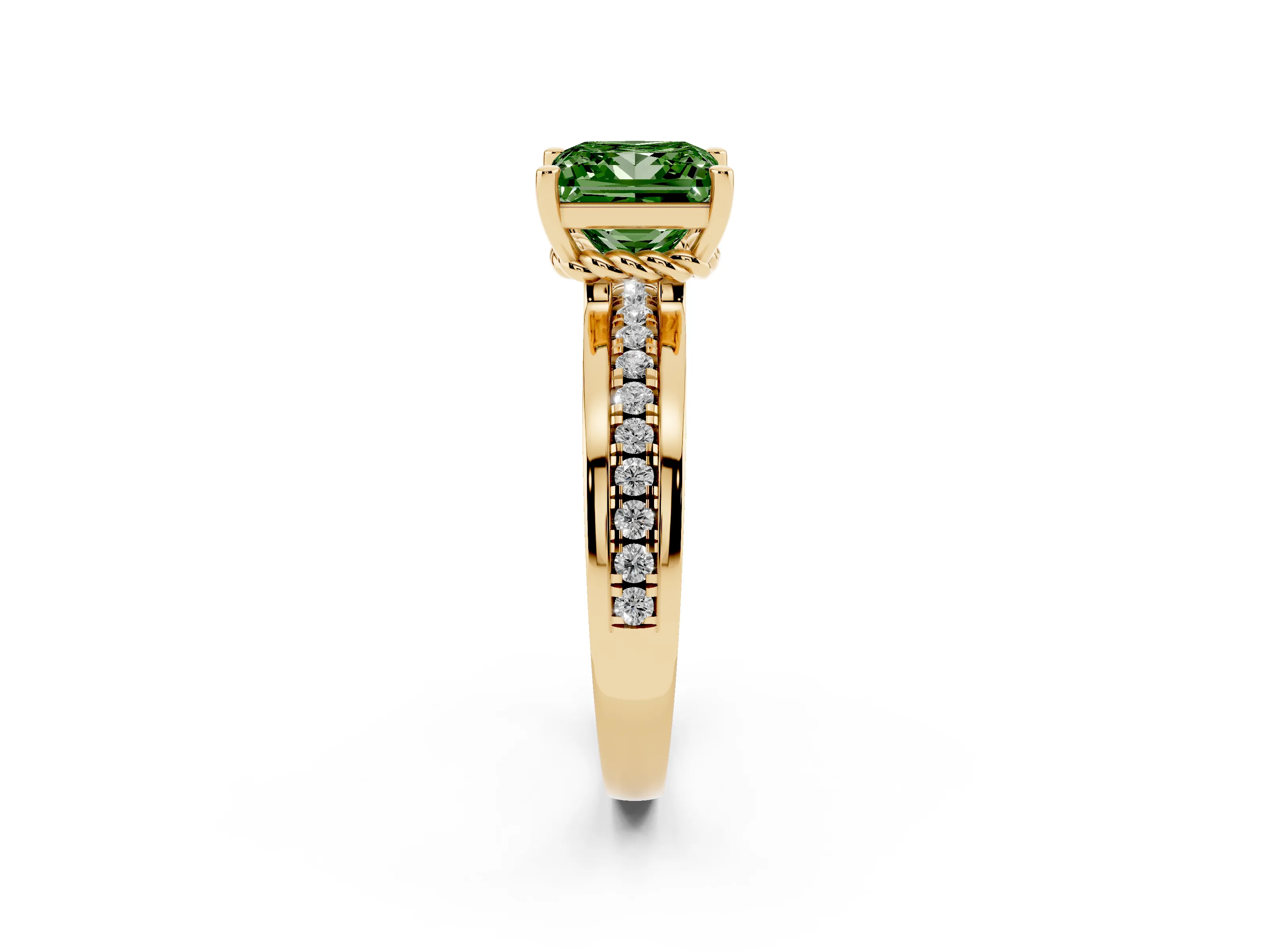 Fancy Green Princess Cut Diamond Solitaire Ring Set in Yellow gold with Channel Set Band and Prong Setting