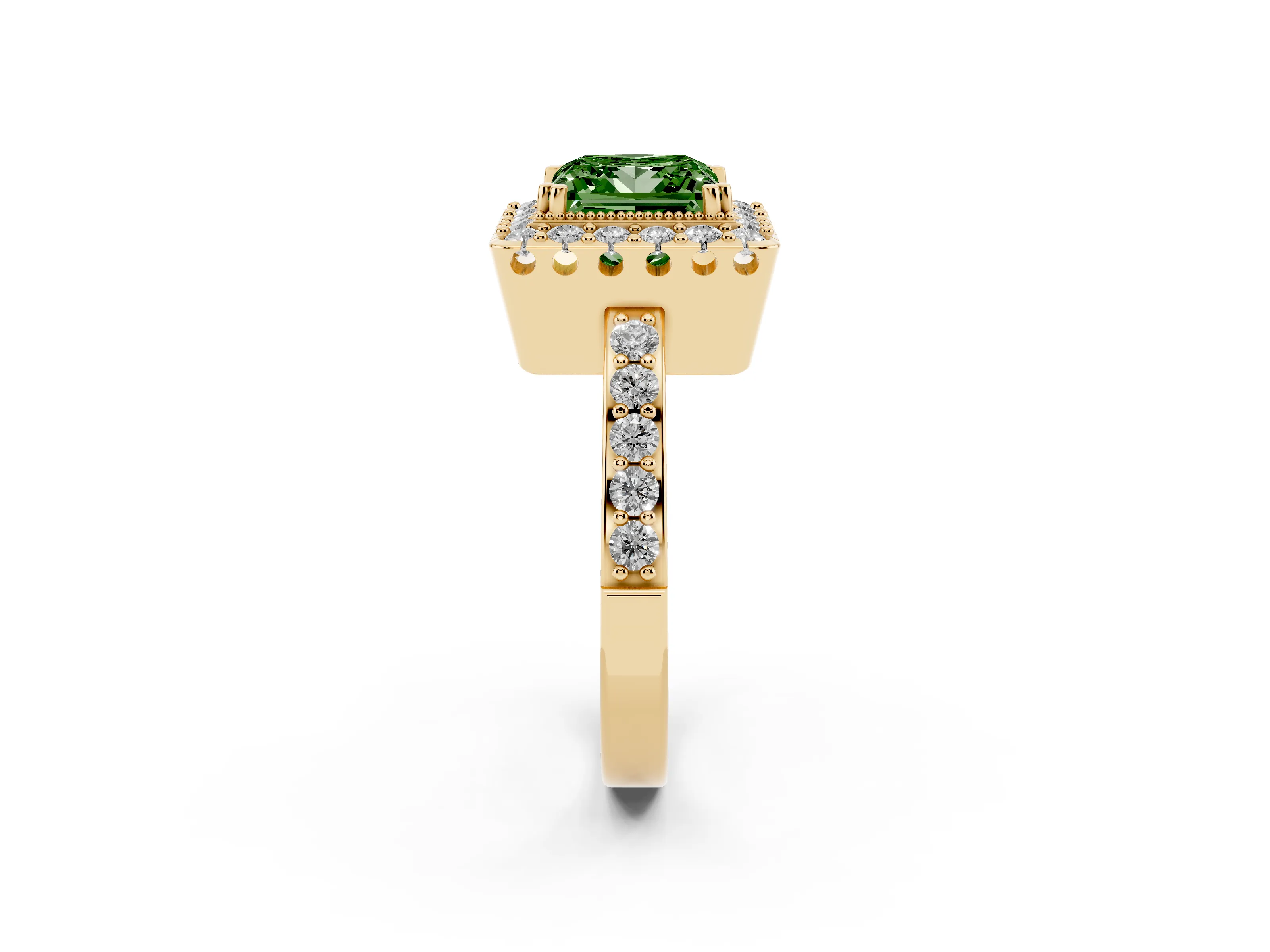 Fancy Green Princess Cut Diamond Halo Ring Set in Yellow gold with Pavé Shank and Prong Setting