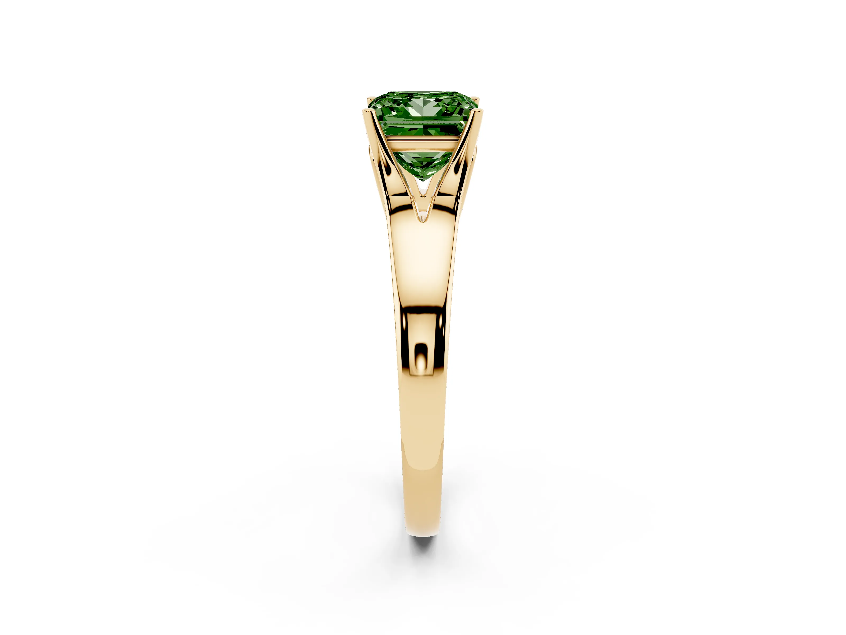 Fancy Green Princess Cut Diamond Solitaire Ring Set in Yellow gold with Arched Cathedral Band and Prong Setting