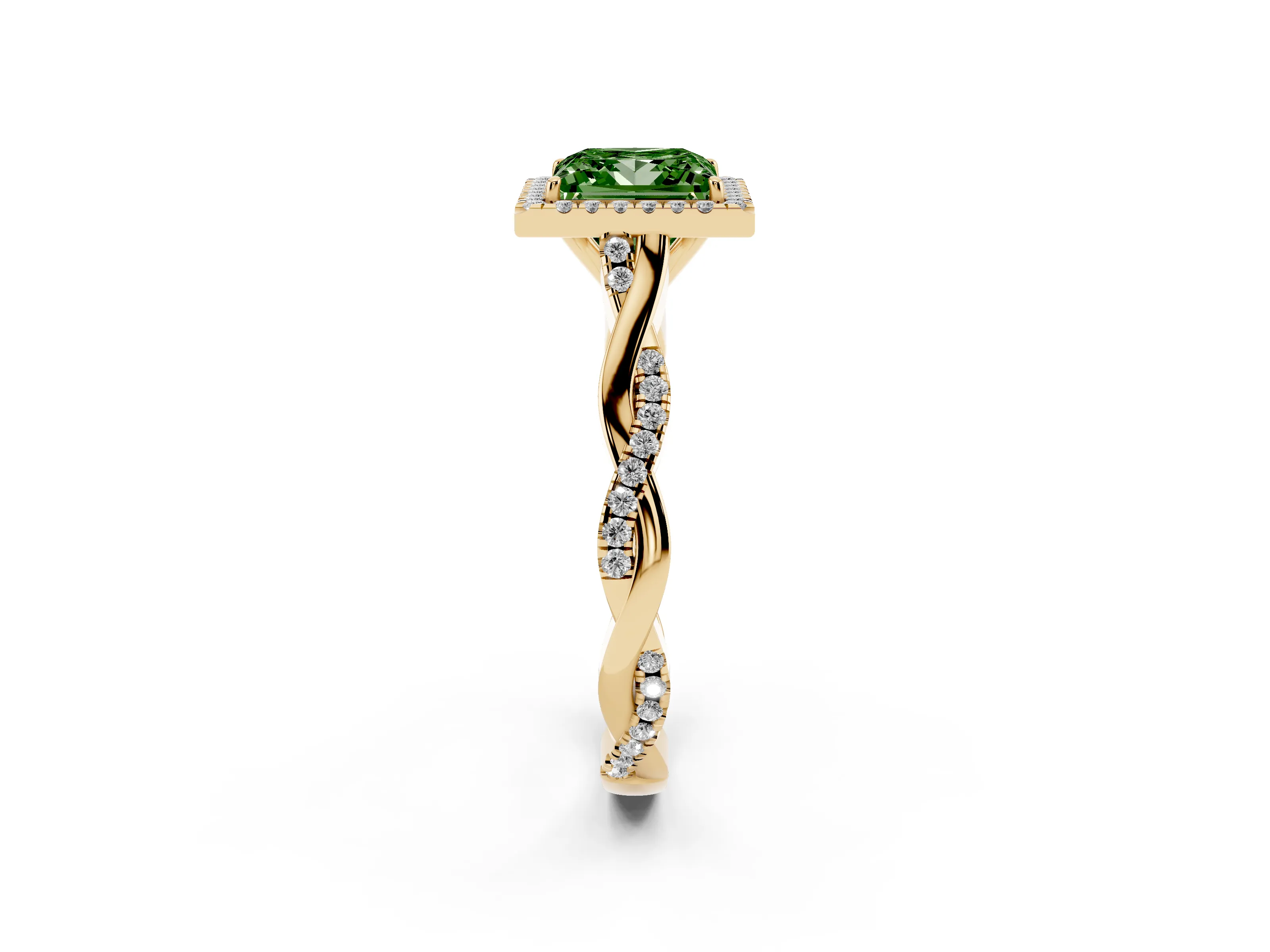 Fancy Green Princess Cut Diamond Halo Twist Band Solitaire Ring Set in Yellow gold with Prong Setting