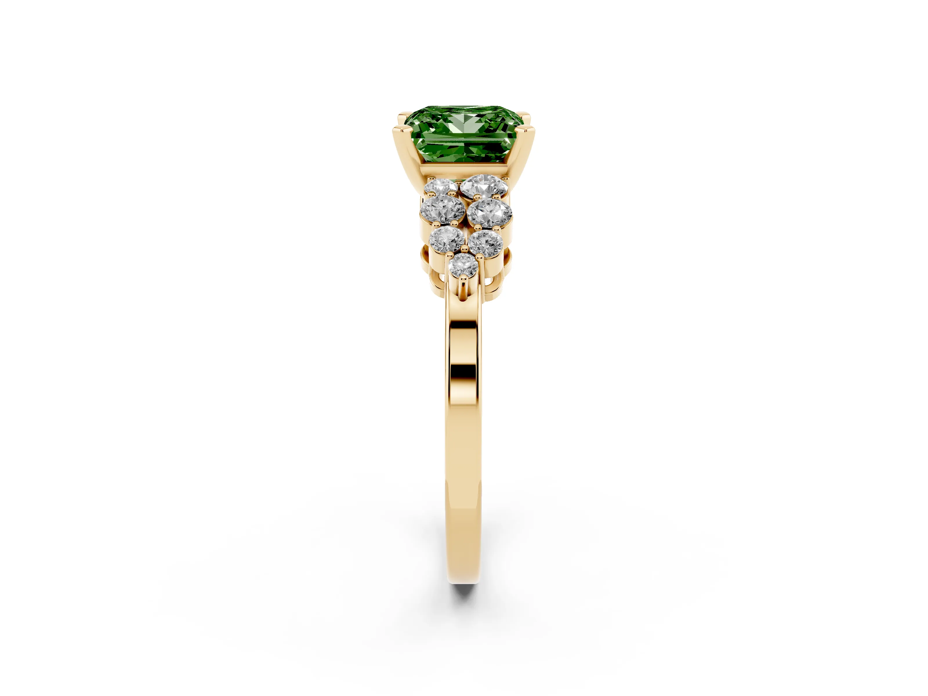 Fancy Green Princess Cut Diamond Cluster Engagement Ring Set in Yellow gold with Pavé Band and Prong Setting