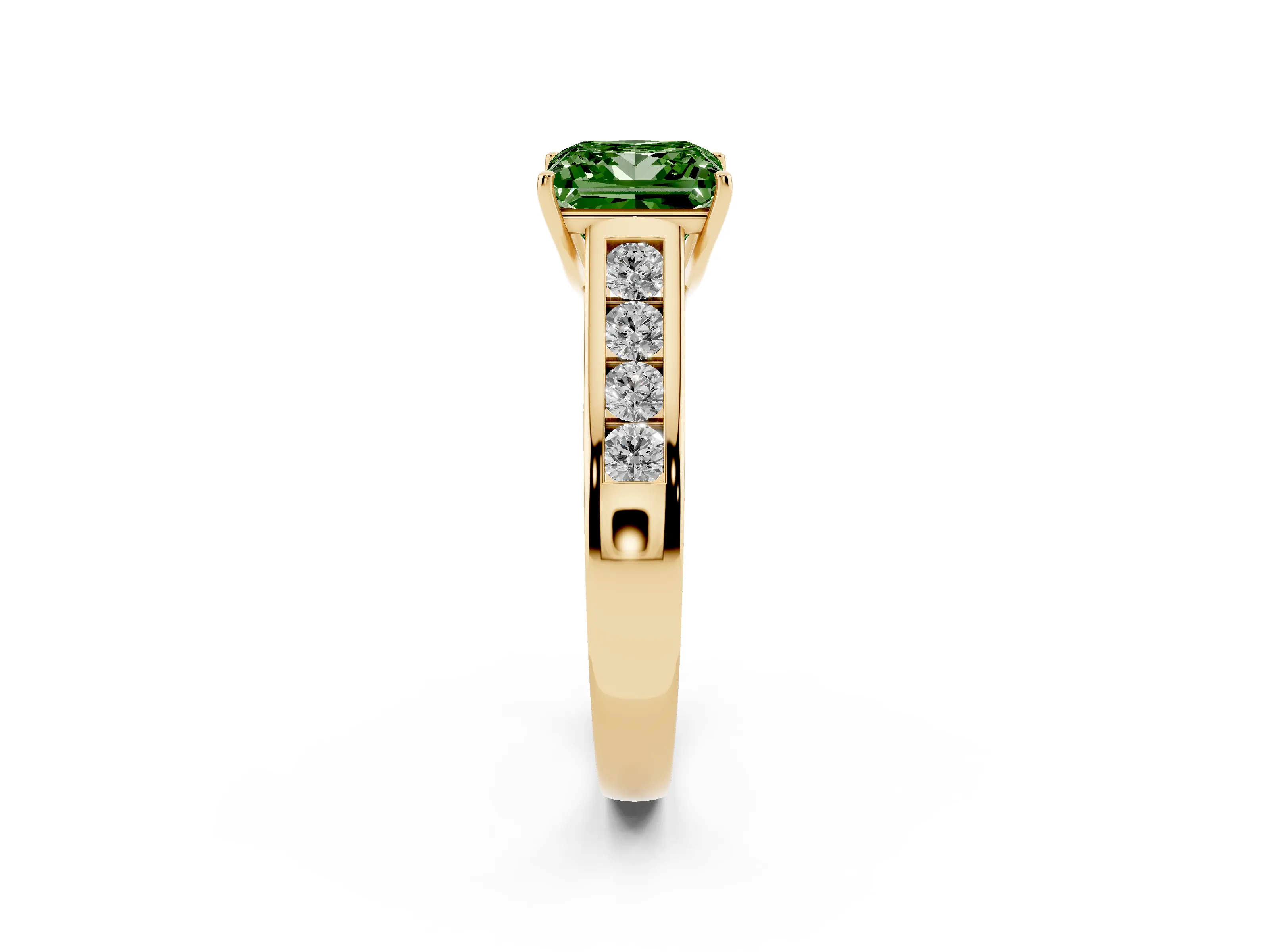 Fancy Green Princess Cut Diamond Solitaire Channel-Set Engagement Ring Set in Yellow gold with Prong Setting