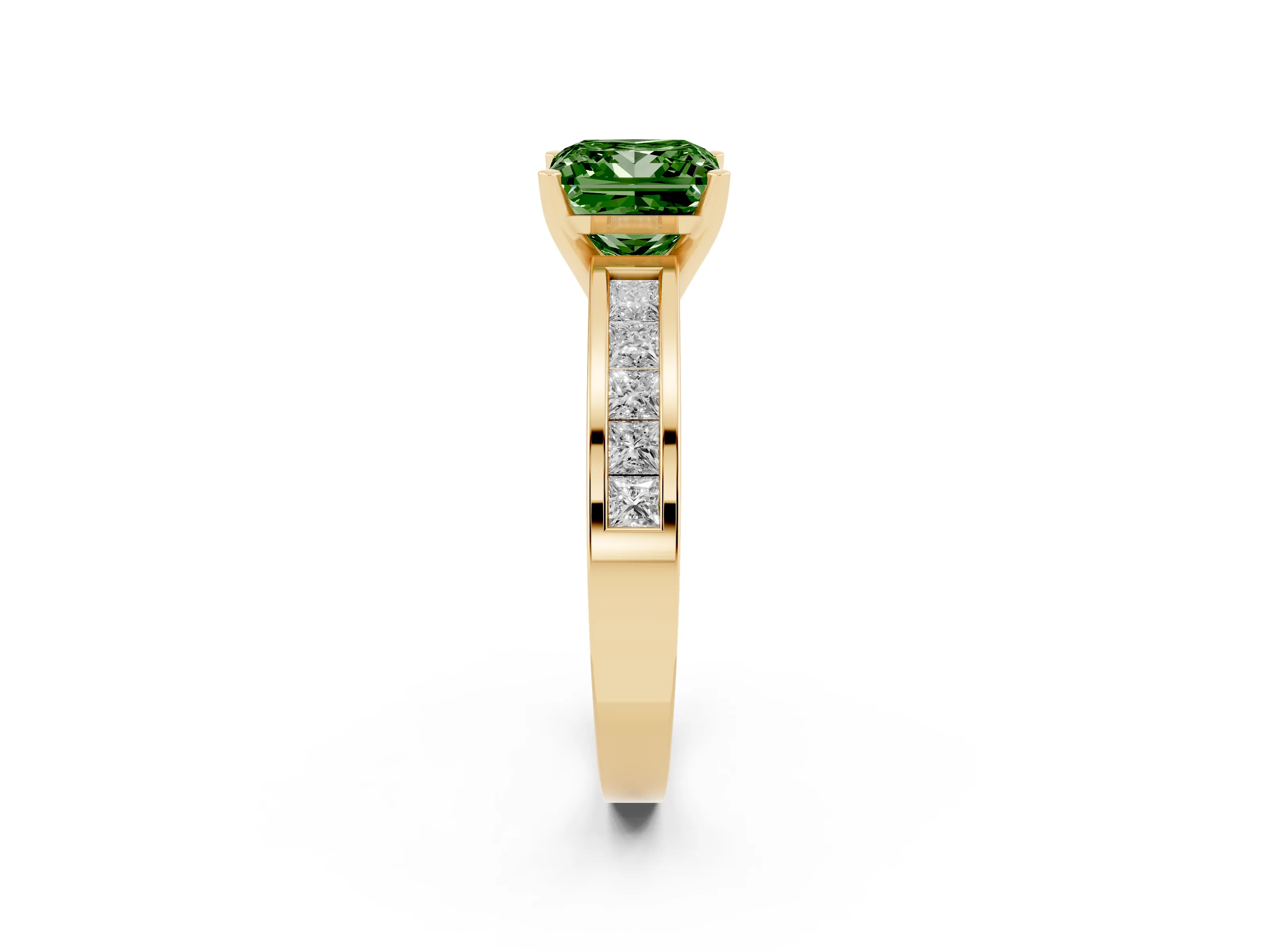 Fancy Green Princess Cut Diamond Solitaire Ring Set in Yellow gold with Channel-Set Band and Prong Setting