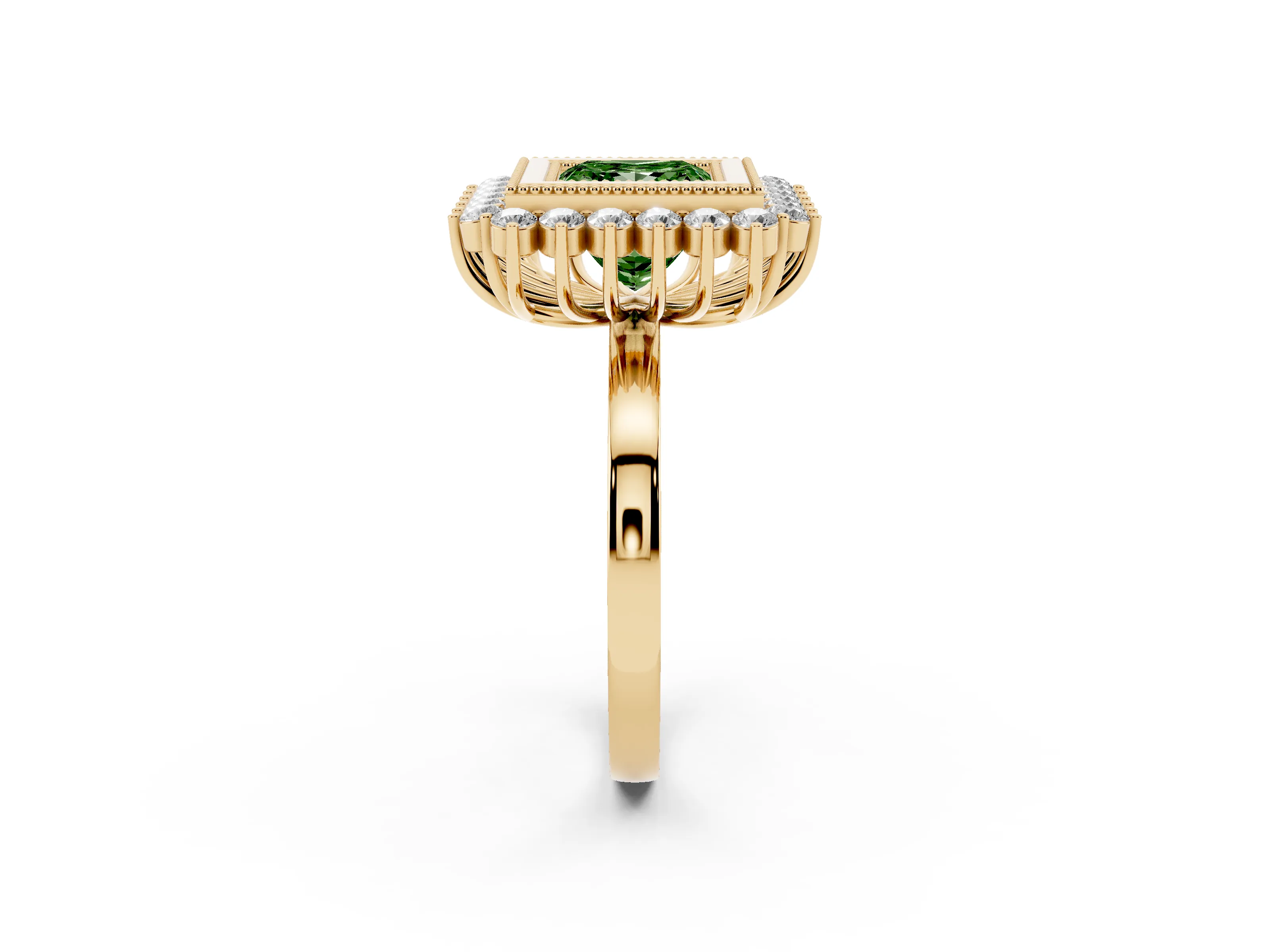 Fancy Green Princess Cut Diamond Halo Ring Set in Yellow gold with Milgrain Edge and Round Prong Setting