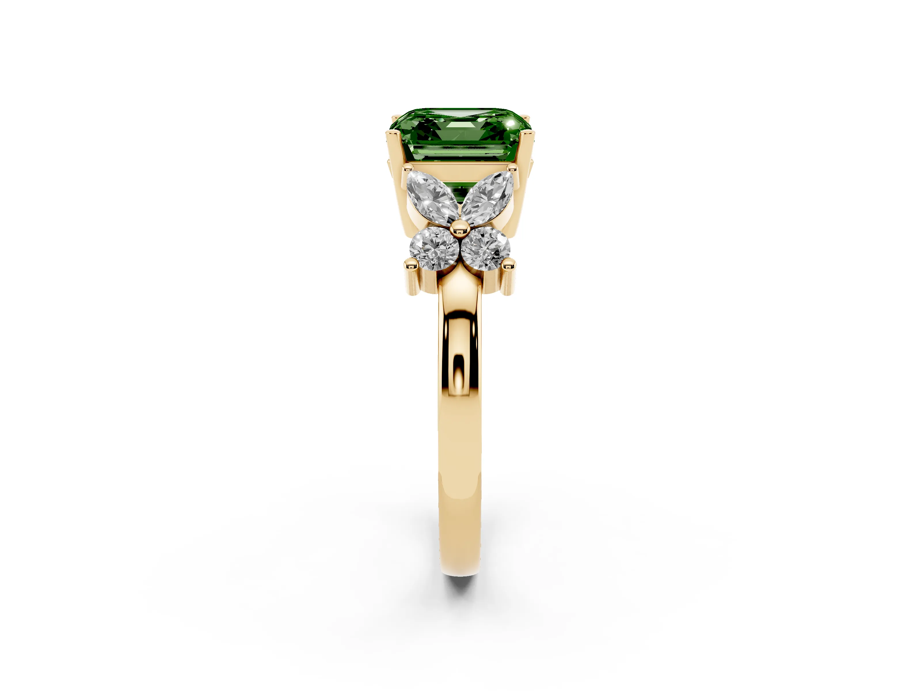 Fancy Green Princess Cut Diamond Floral Cluster Ring Set in Yellow gold with Marquise Petals and Prong Setting