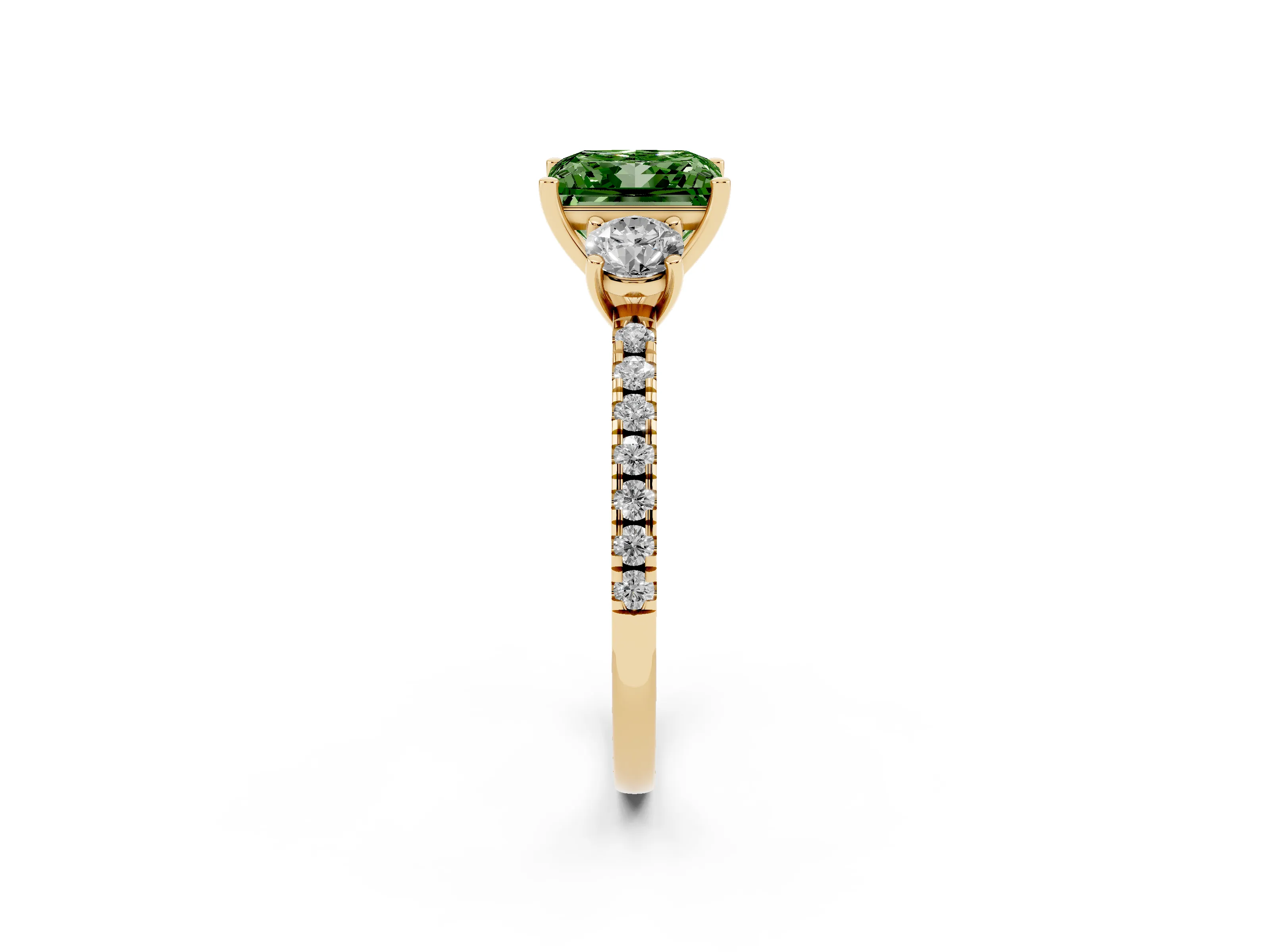 Fancy Green Princess Cut Diamond Three-Stone Ring Set in Yellow gold with Pavé Band and Graduated Sides