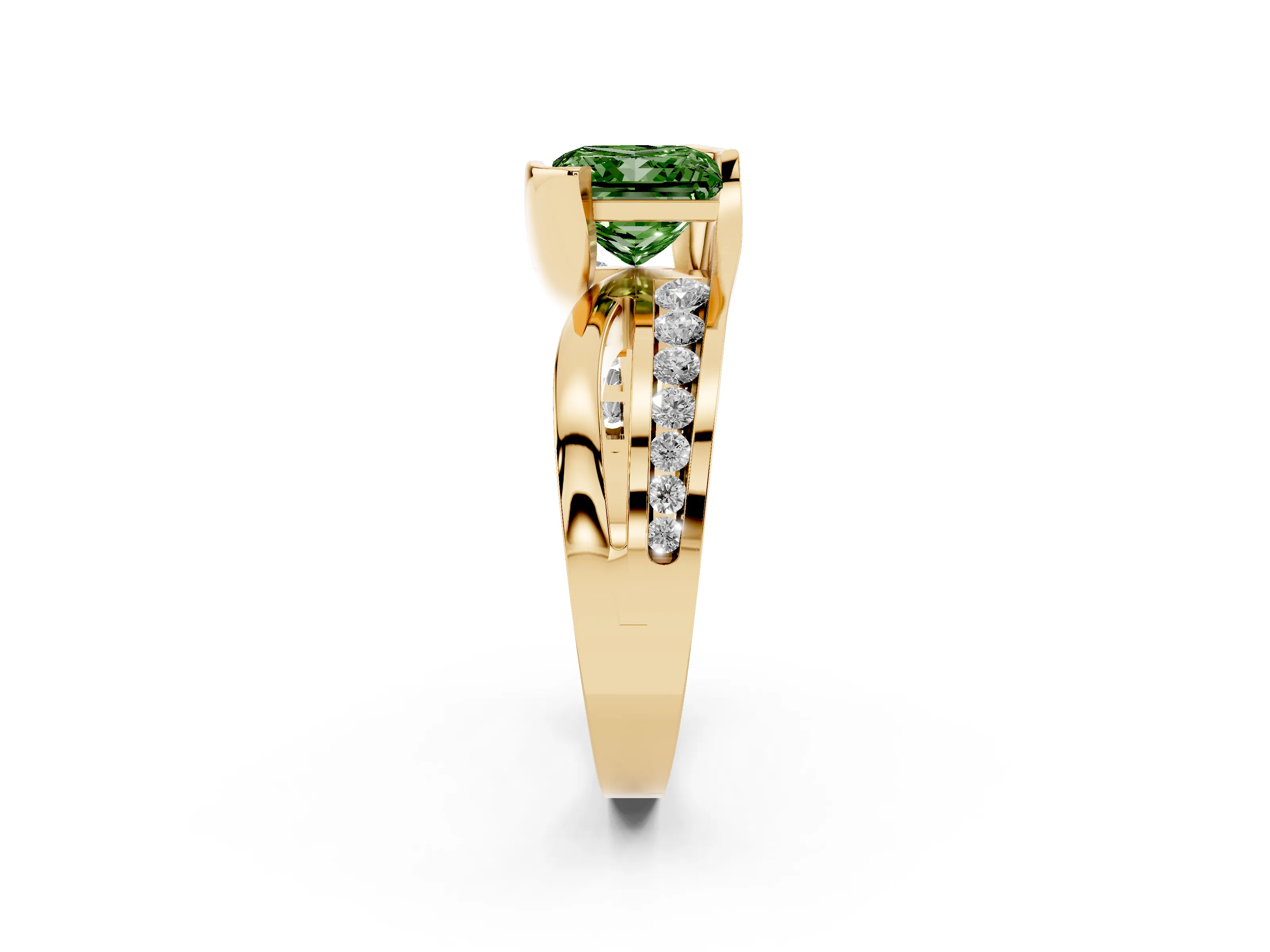 Fancy Green Princess Cut Diamond Solitaire Ring Set in Yellow gold with Channel Set Split Shank and Tension Prongs