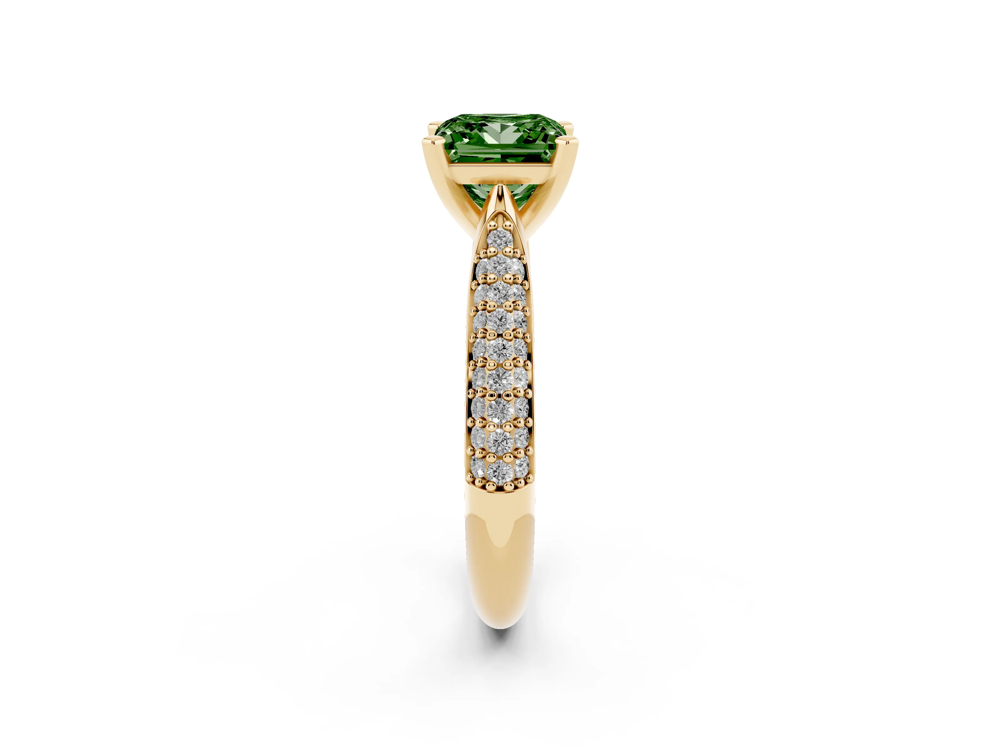 Fancy Green Princess Cut Diamond Solitaire Engagement Ring Set in Yellow gold with Multi-Row Round Pavé Band and Prong Setting