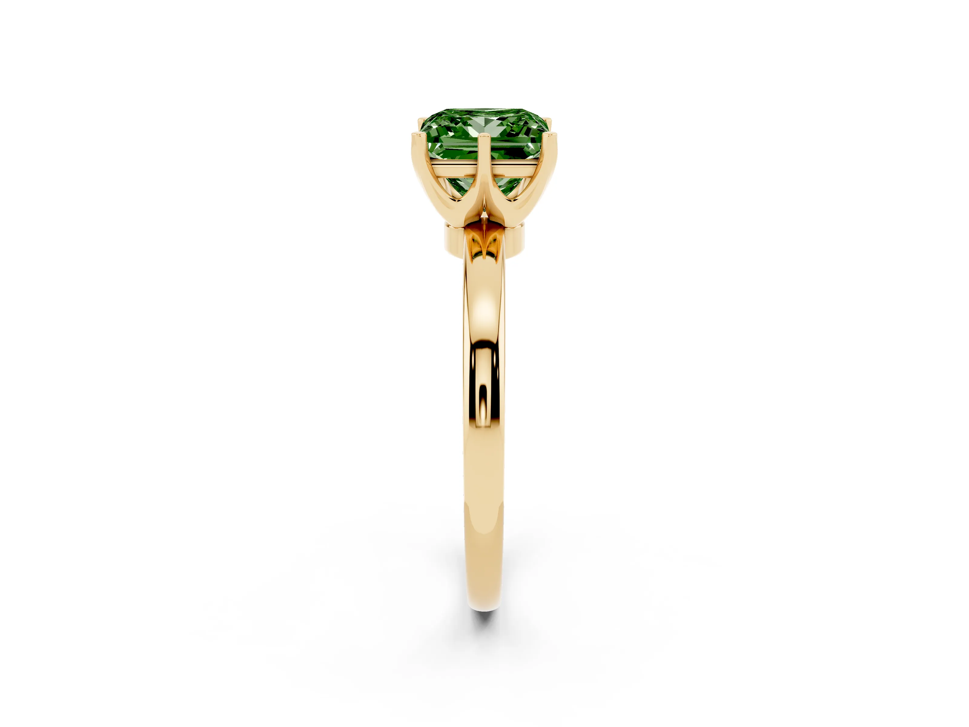 Fancy Green Princess Cut Diamond Solitaire Ring Set in Yellow gold with Raised Prong Setting on a Classic Band