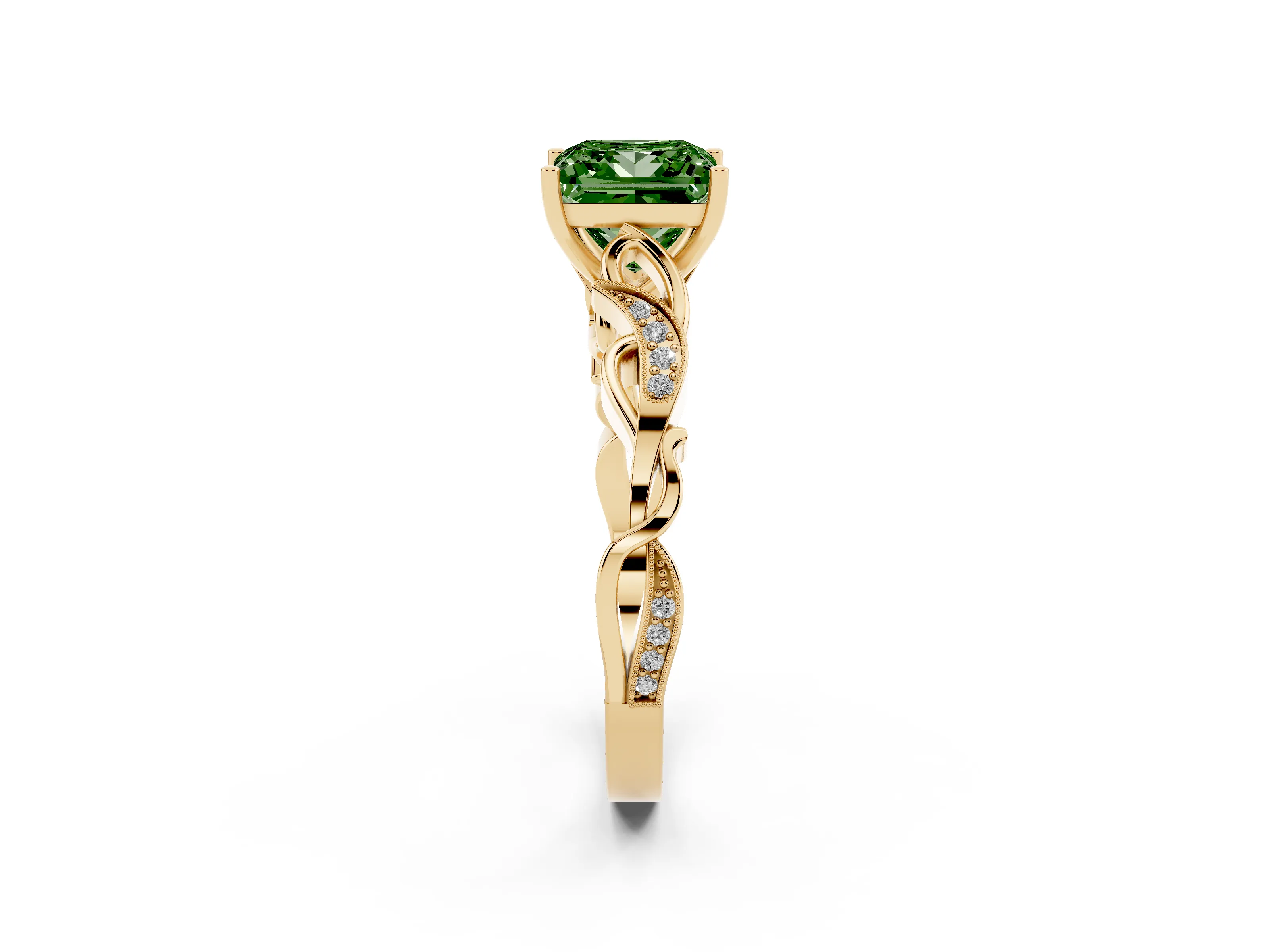 Fancy Green Princess Cut Diamond Vine Band Solitaire Ring Set in Yellow gold with Milgrain Prong Setting