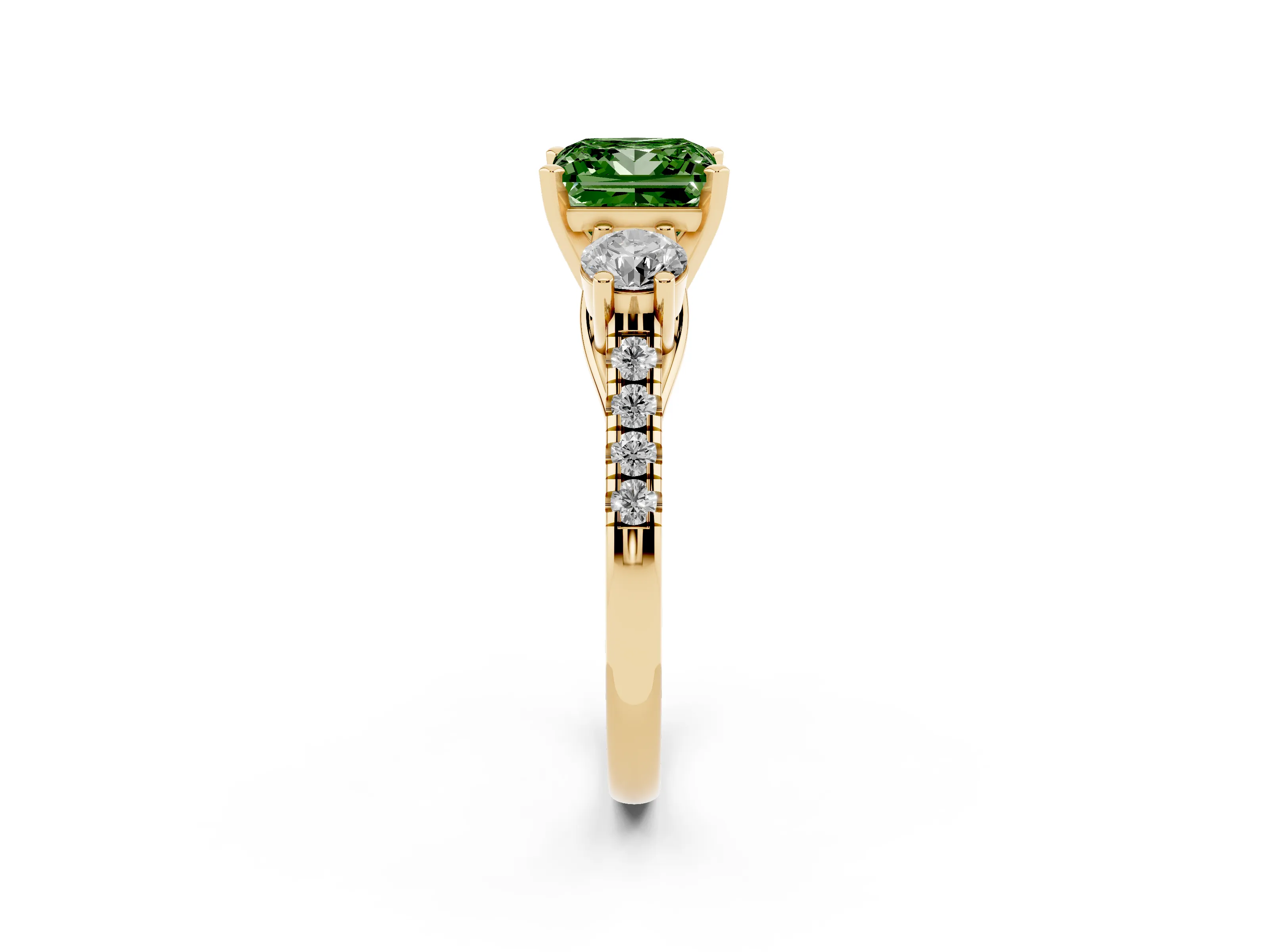 Fancy Green Three-Stone Princess Cut Diamond Pavé Band Ring Set in Yellow gold with Prong-Set Trio