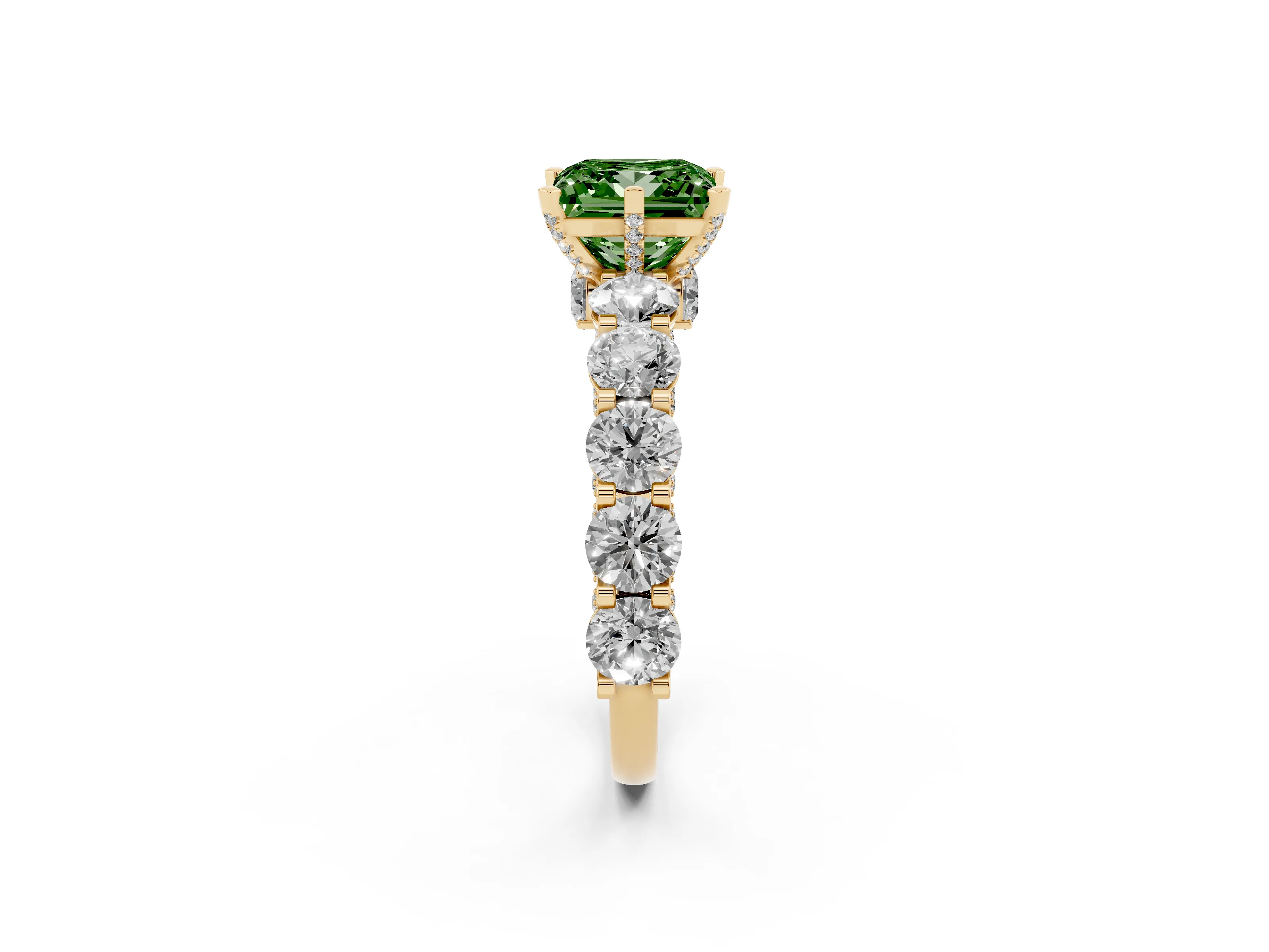 Fancy Green Princess Cut Diamond Side Stone Ring Set in Yellow gold with Alternating Round and Oval Side Stones
