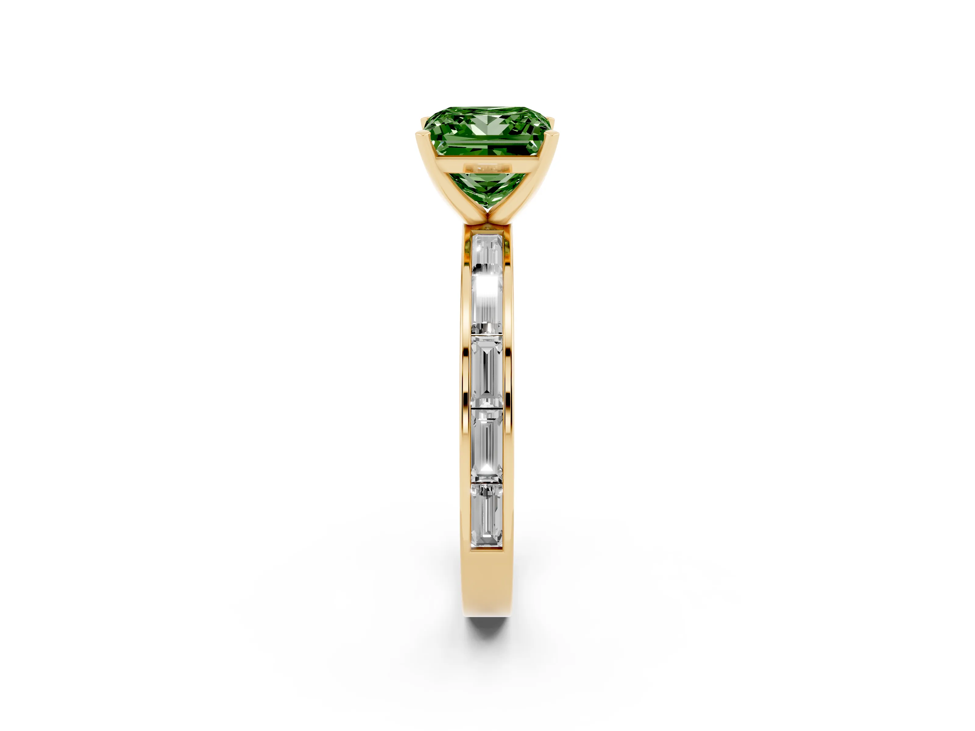 Fancy Green Princess Cut Diamond Solitaire Ring Set in Yellow gold with Channel-Set Baguette Band and Prong Setting