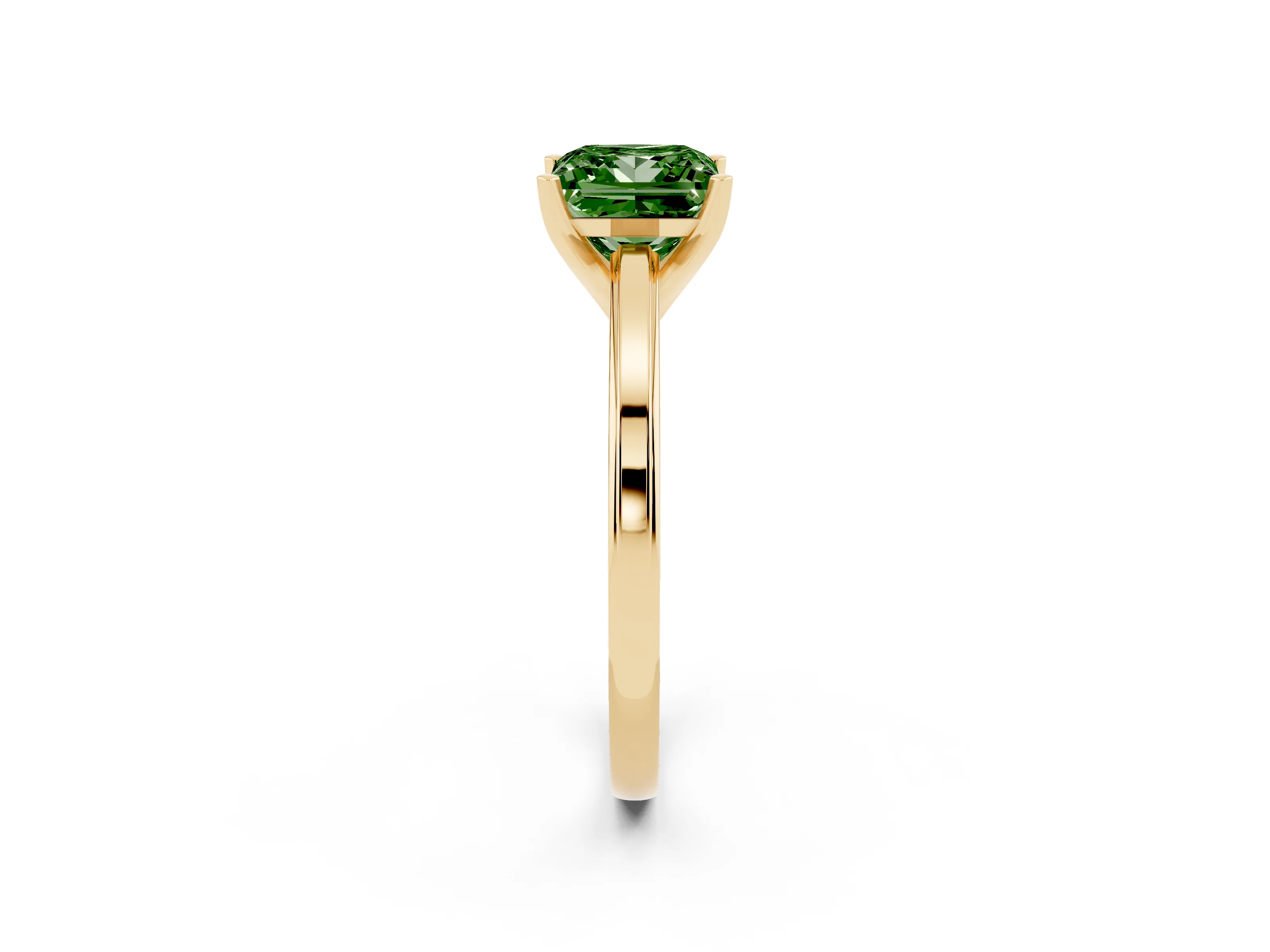 Fancy Green Princess Cut Diamond Solitaire Ring Set in Yellow gold with Prong Setting and Classic Band