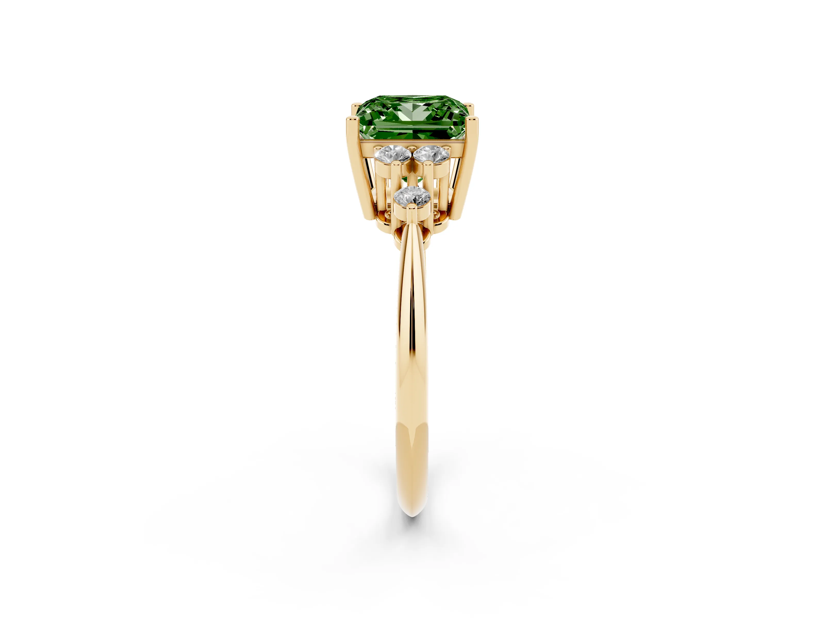 Fancy Green Princess Cut Diamond Cluster Ring Set in Yellow gold with Plain Band and Prong Setting