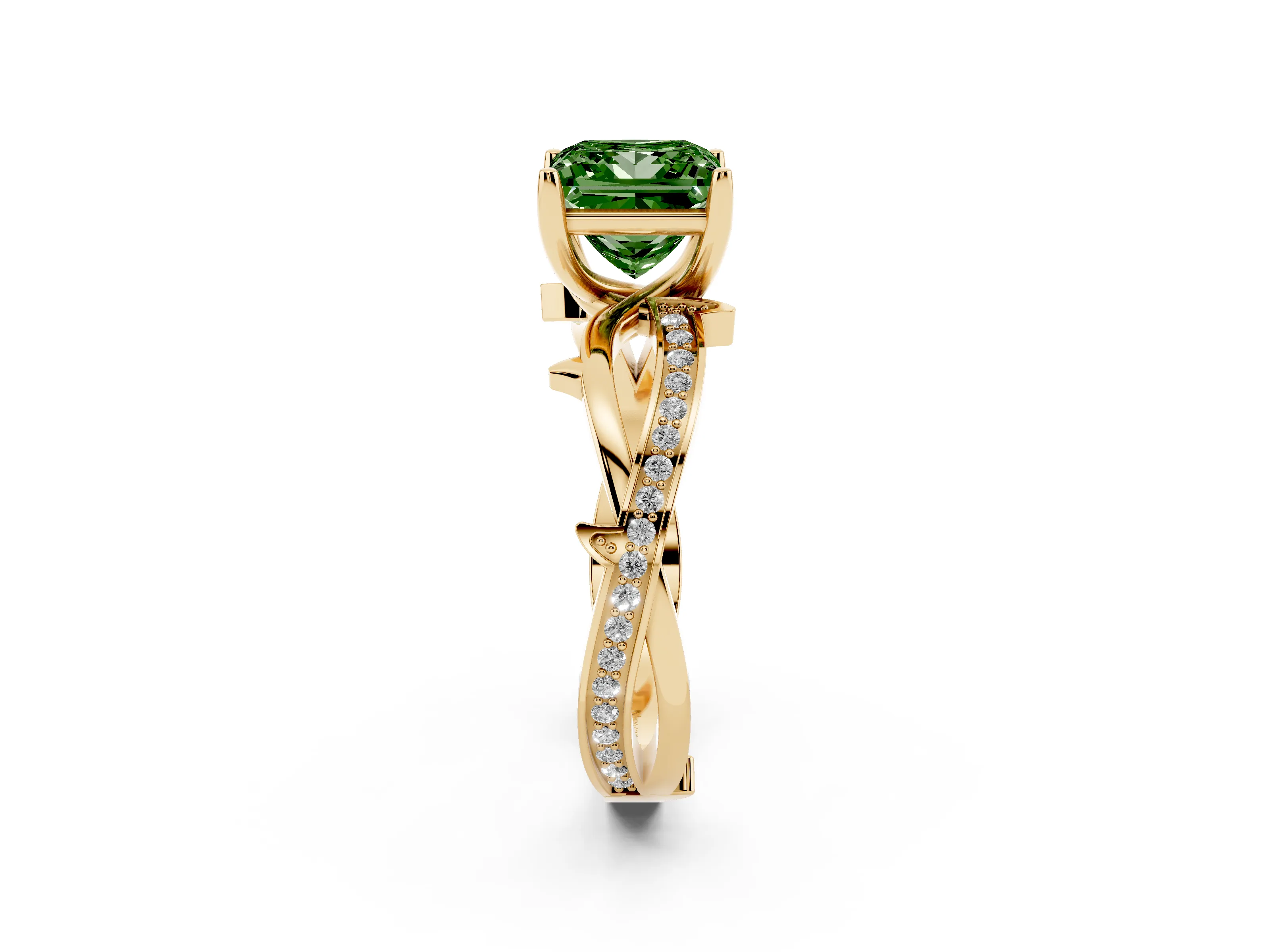Fancy Green Princess Cut Diamond Pavé Twist Band Solitaire Ring Set in Yellow gold with Prong Setting