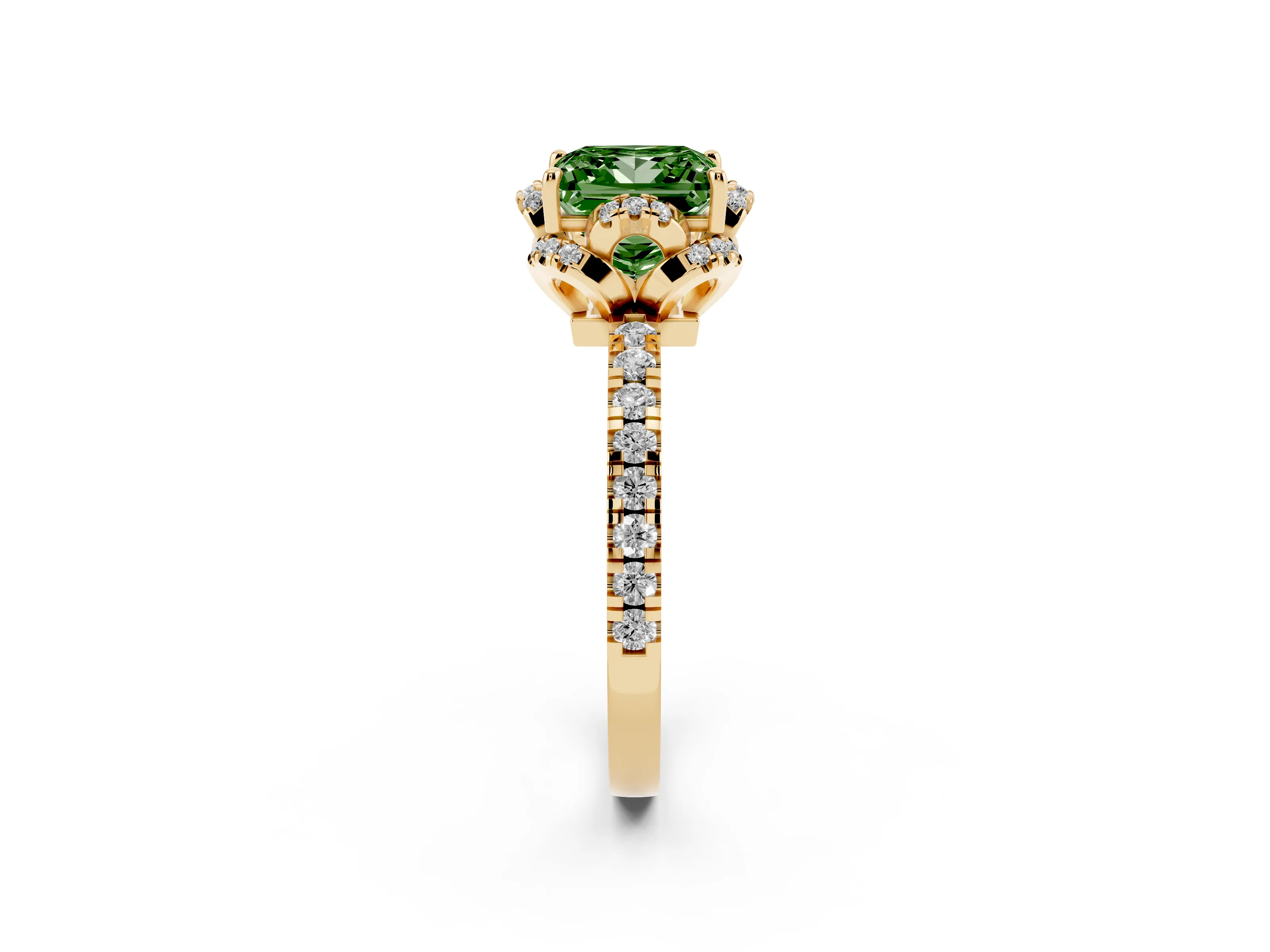 Fancy Green Princess Cut Diamond Halo Pavé Band Ring Set in Yellow gold with Prong-Held Center