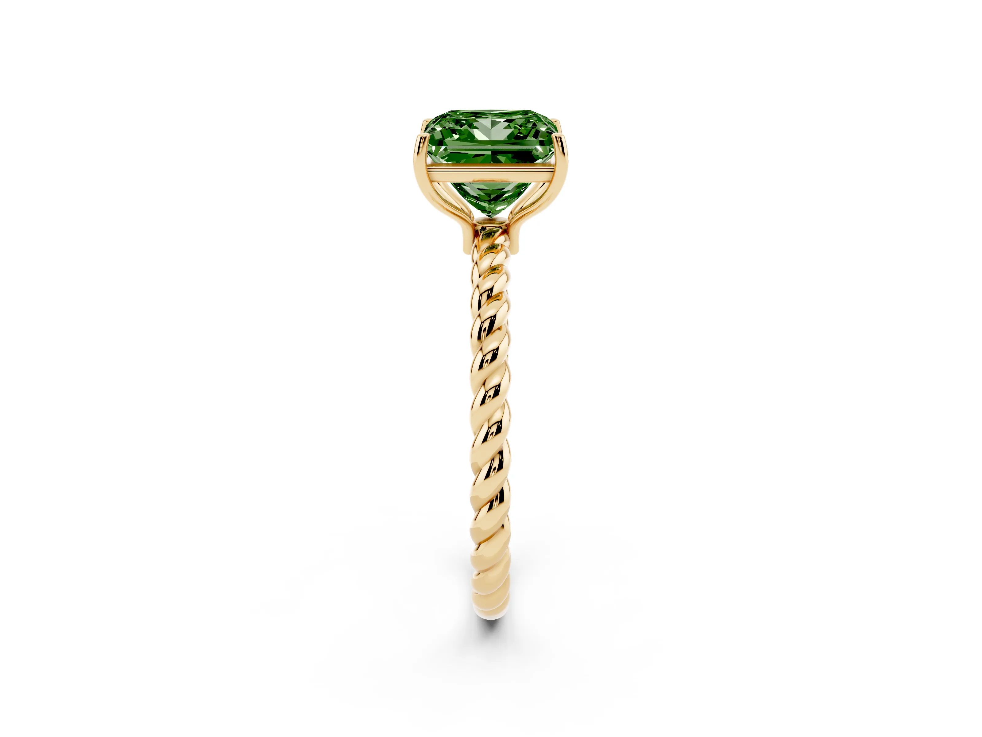 Fancy Green Princess Cut Diamond Solitaire Ring Set in Yellow gold with Twist Band and Prong Setting