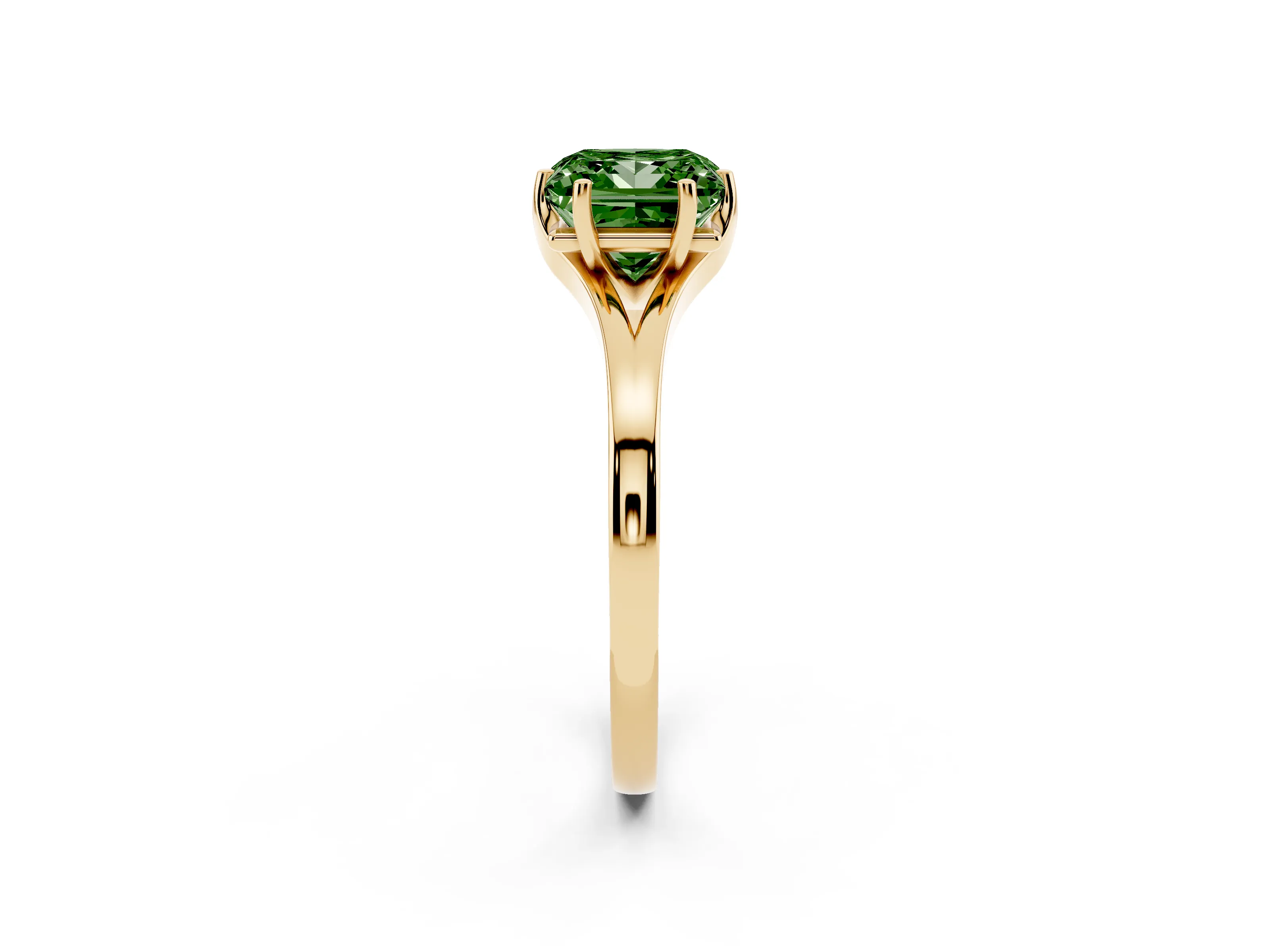 Fancy Green Princess Cut Diamond Solitaire Ring Set in Yellow gold with Polished Tapered Band and Prong Setting