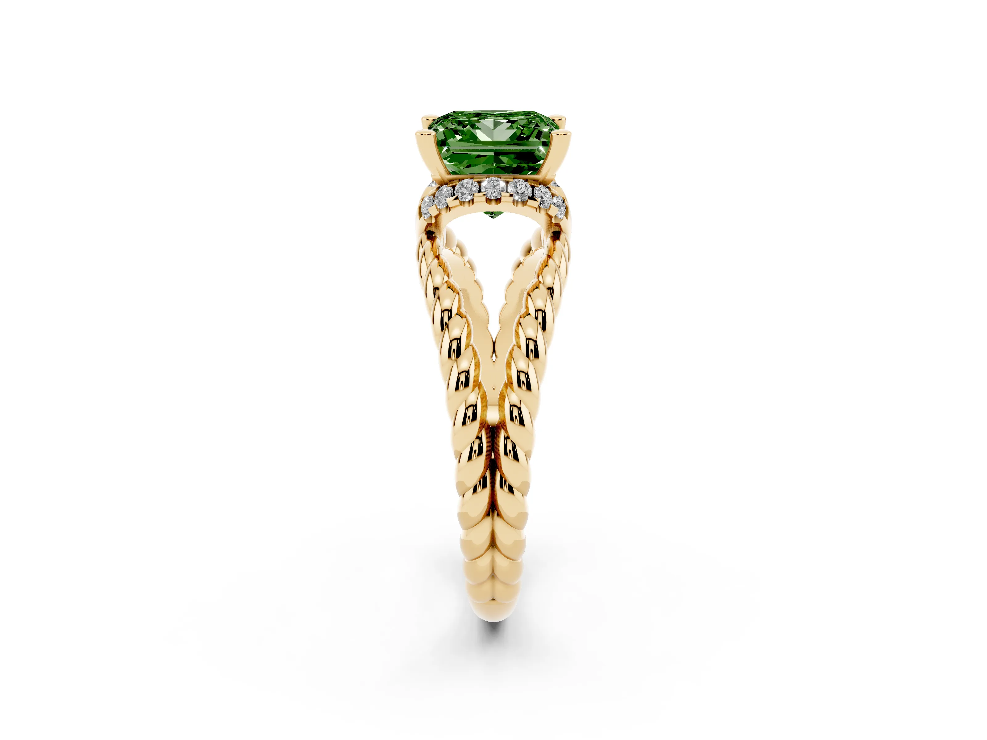Fancy Green Princess Cut Diamond Halo Ring Set in Yellow gold with Twisted Band and Prong Setting