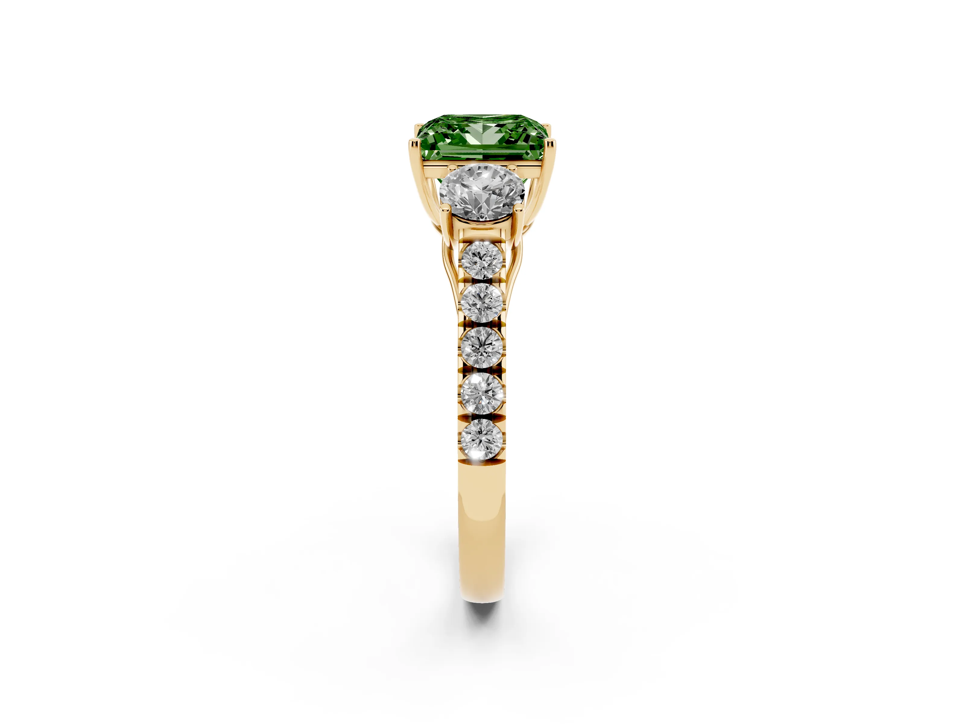 Fancy Green Princess Cut Diamond Three-Stone Ring Set in Yellow gold with Round Side Stones and Delicate Pavé Band