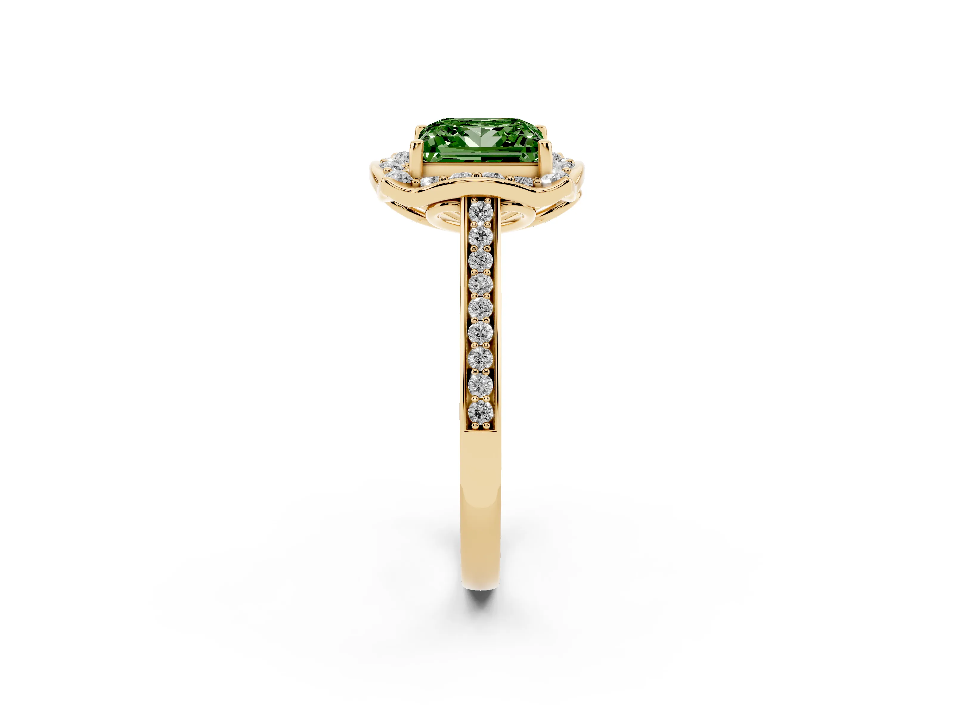 Fancy Green Princess Cut Diamond Halo Ring Set in Yellow gold with Pavé-Lined Shoulders and Prong Setting