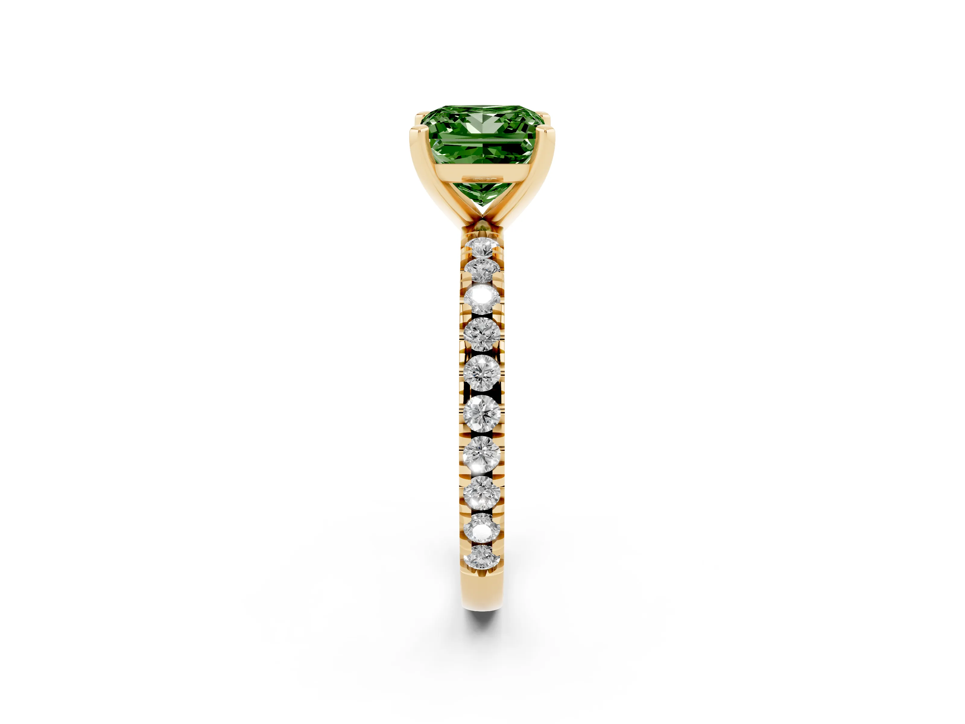 Fancy Green Princess Cut Diamond Pavé Band Solitaire Set in Yellow gold with Prong Setting