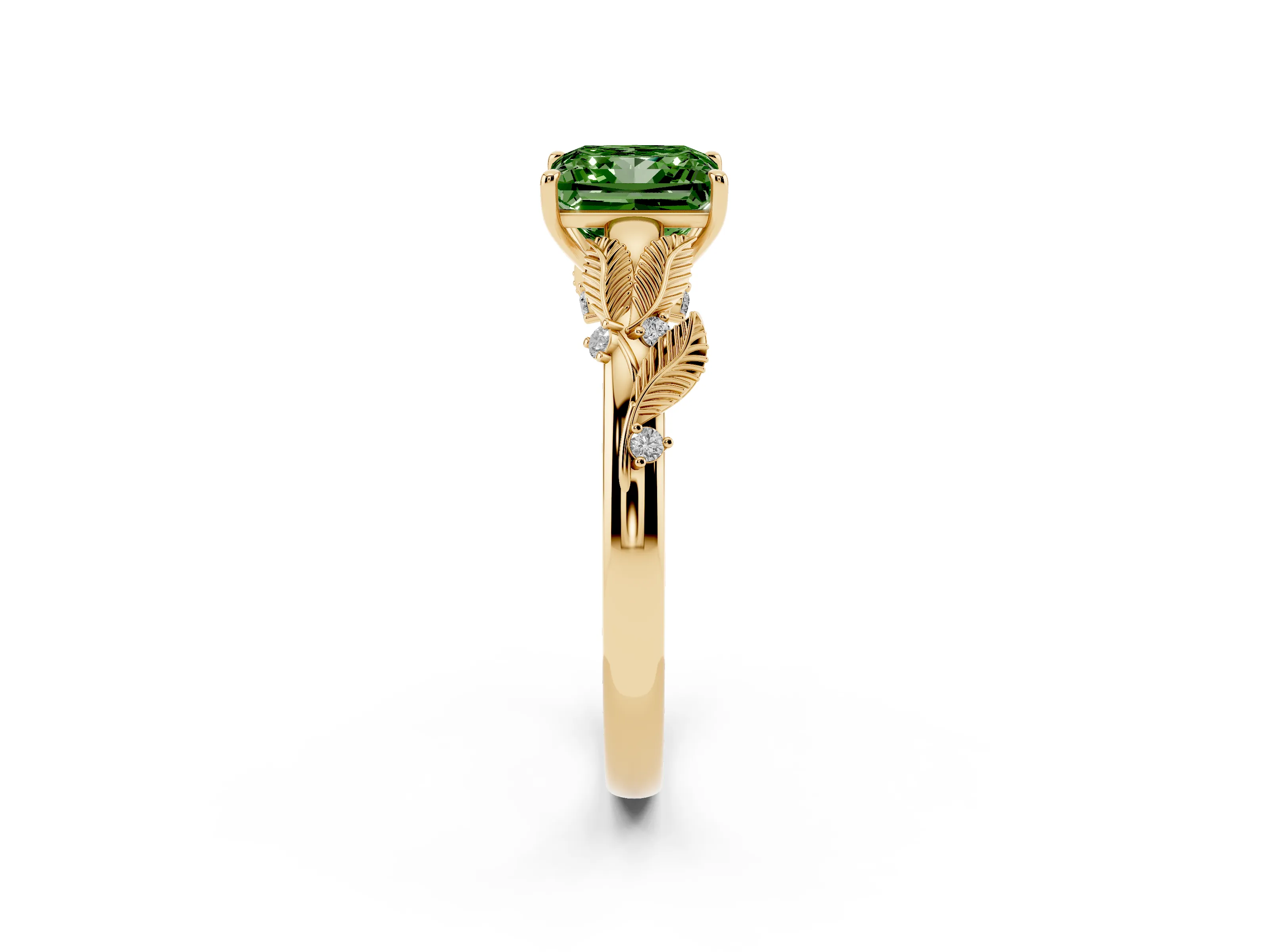 Fancy Green Princess Cut Diamond Solitaire Ring Set in Yellow gold with Leaf Motif Band
