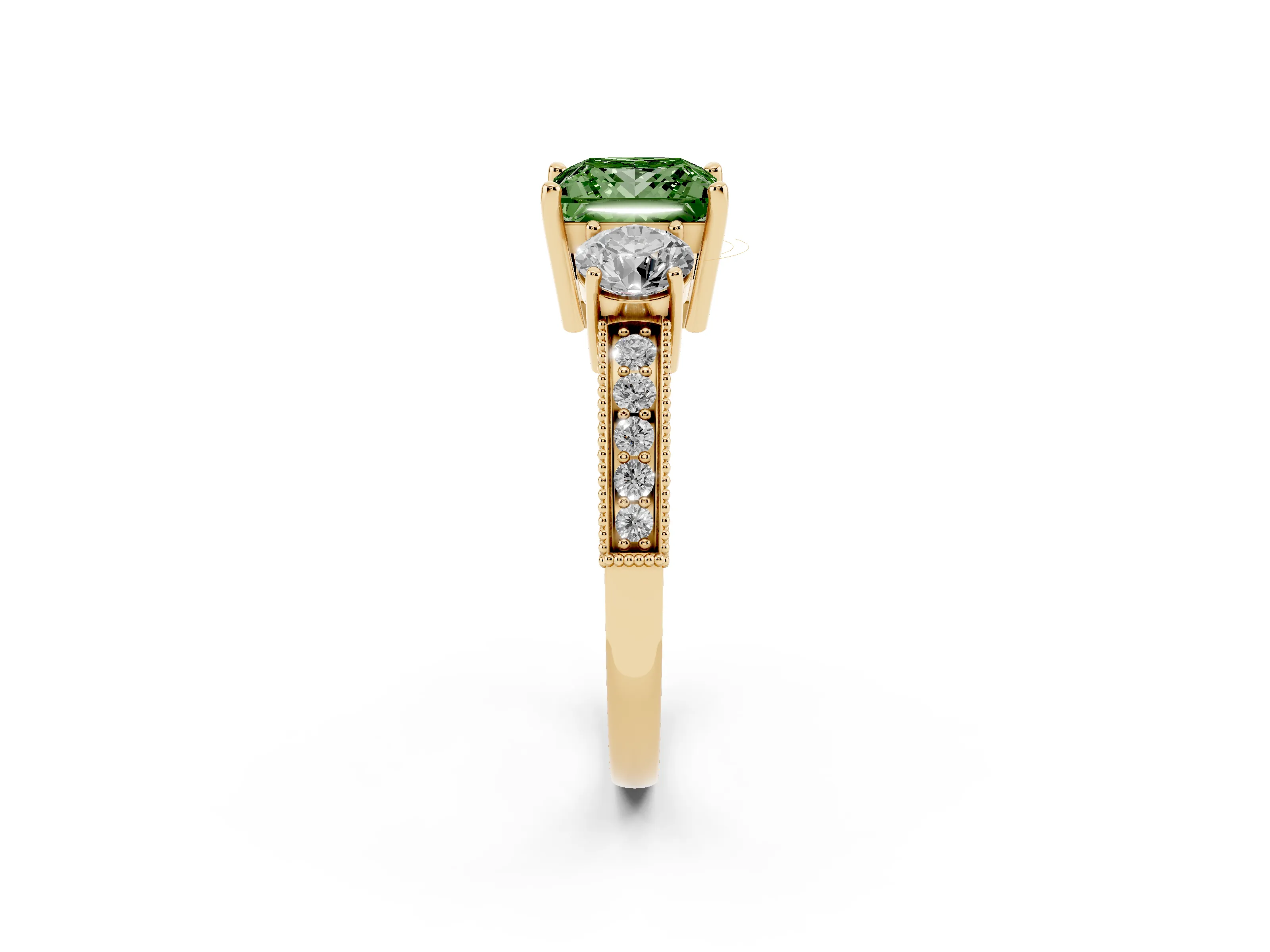 Fancy Green Princess Cut Diamond Three-Stone Ring Set in Yellow gold with Round Side Stones and Pavé Band