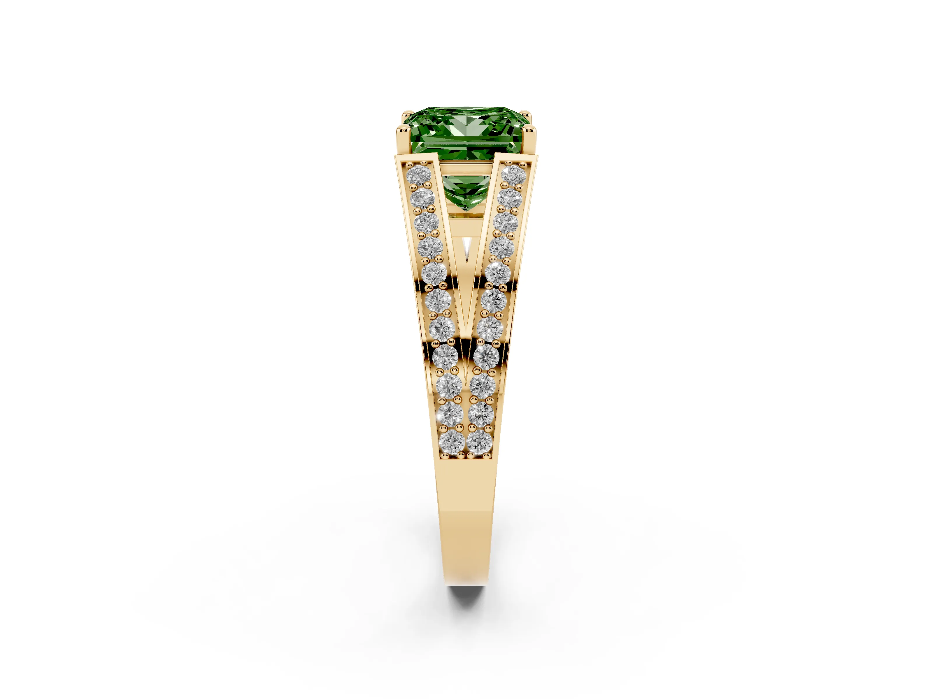 Fancy Green Princess Cut Diamond Split Shank Ring Set in Yellow gold with Pavé Band and Prong Setting