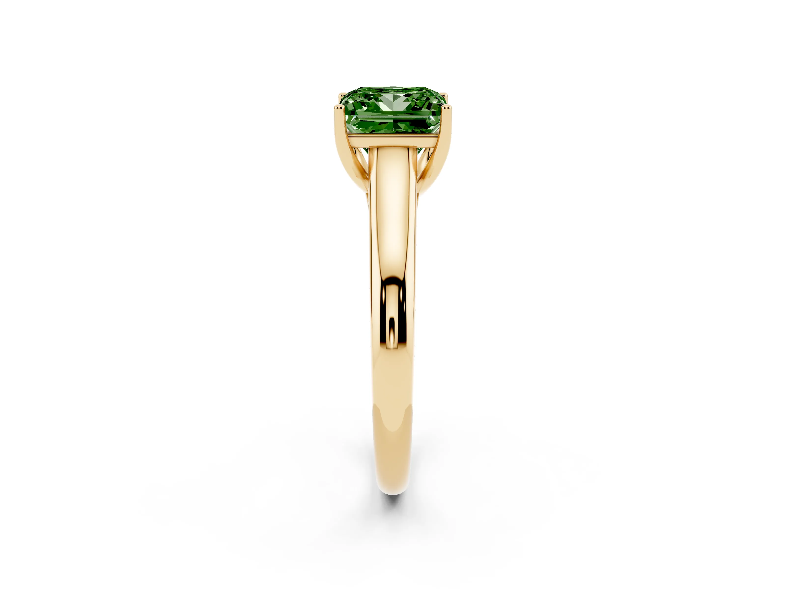 Fancy Green Princess Cut Diamond Solitaire Engagement Ring Set in Yellow gold with Subtly Tapered Band and Prong Setting