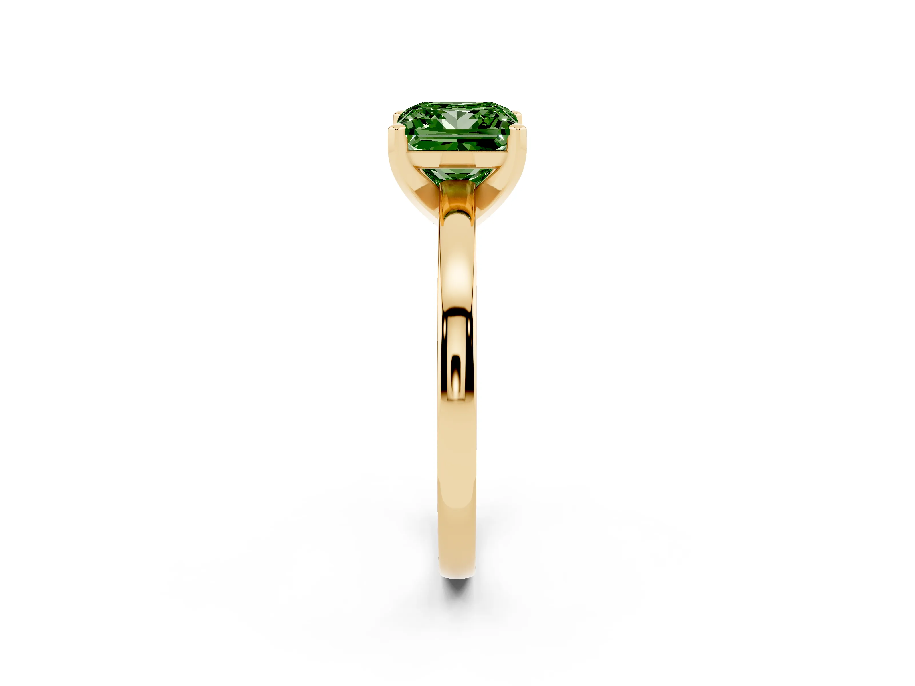 Fancy Green Princess Cut Diamond Solitaire Engagement Ring Set in Yellow gold with Prong Setting on a Classic Band