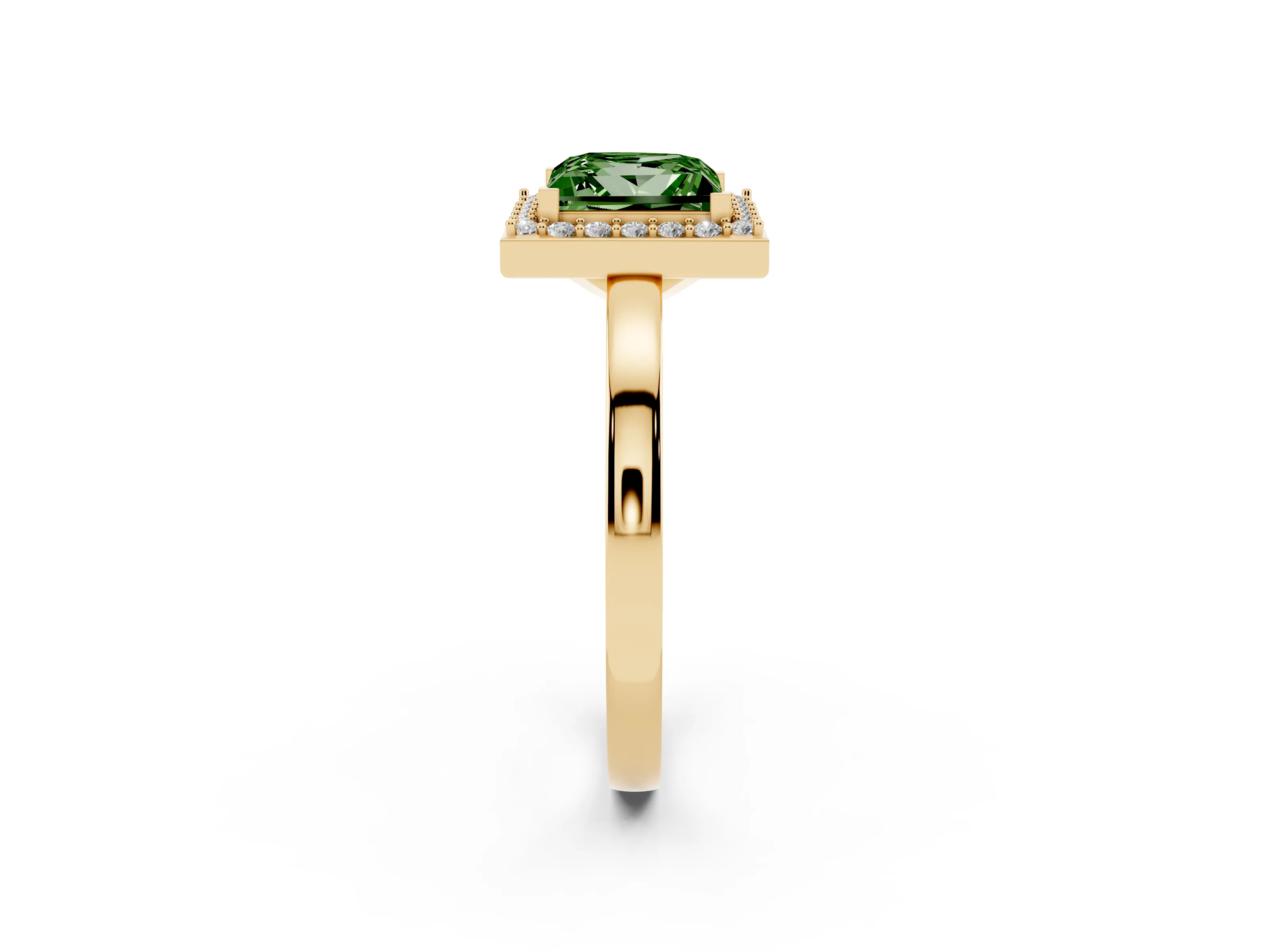 Fancy Green Princess Cut Diamond Halo Ring Set in Yellow gold with Solitaire Band and Prong Setting