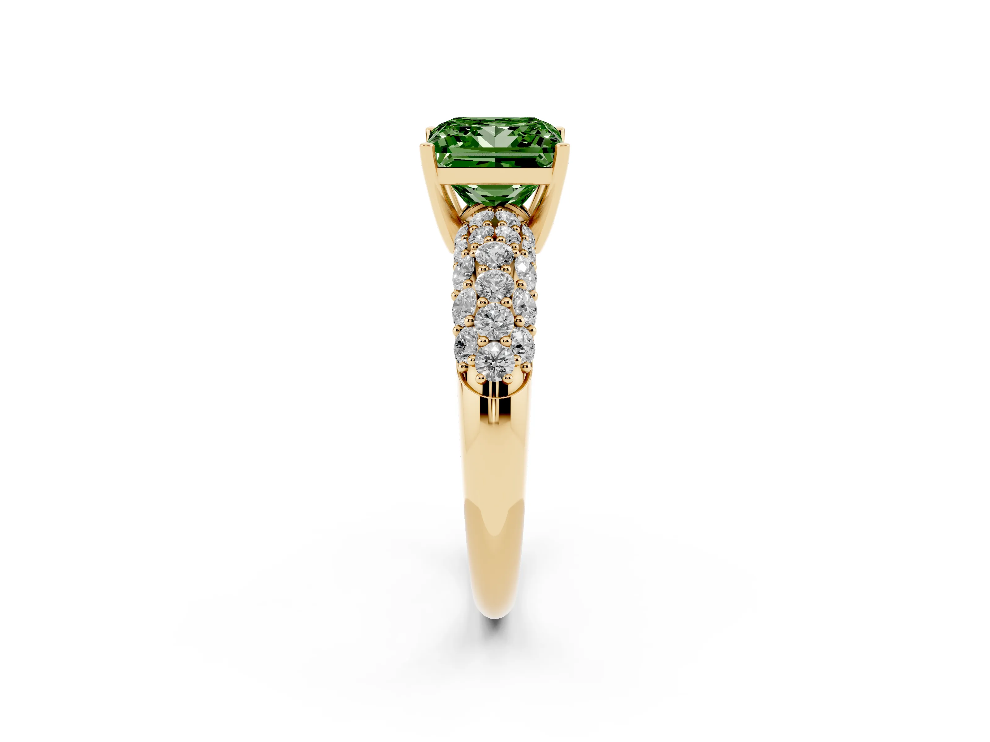 Fancy Green Princess Cut Diamond Pavé Band Solitaire Ring Set in Yellow gold with Close-Set Accent Stones and Prong Setting