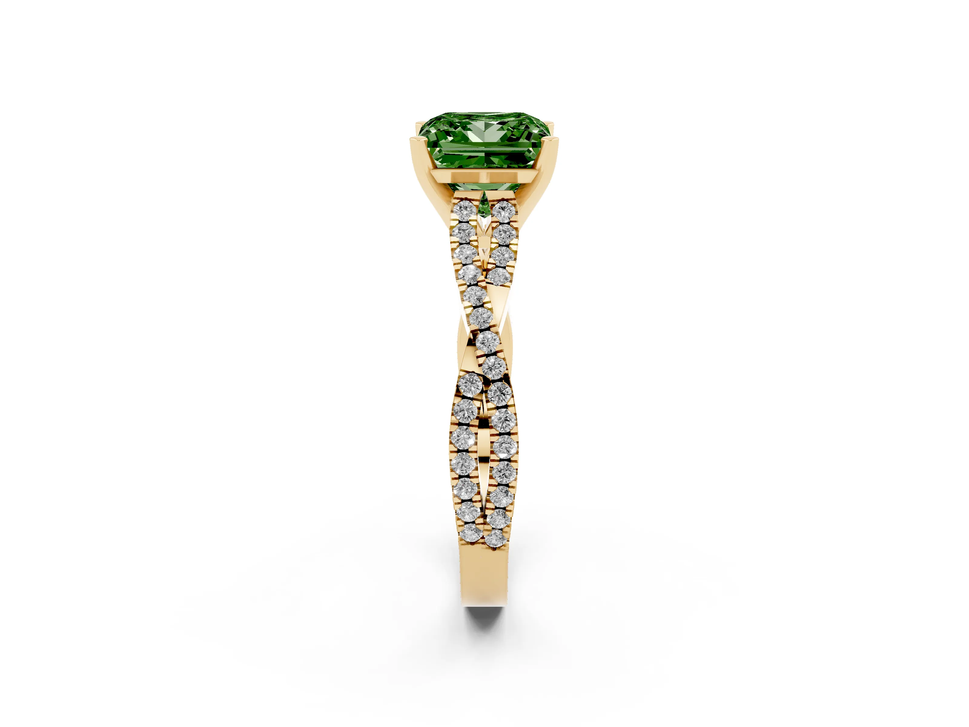 Fancy Green Princess Cut Diamond Solitaire Engagement Ring Set in Yellow gold with Twisted Pavé Band and Prong Setting