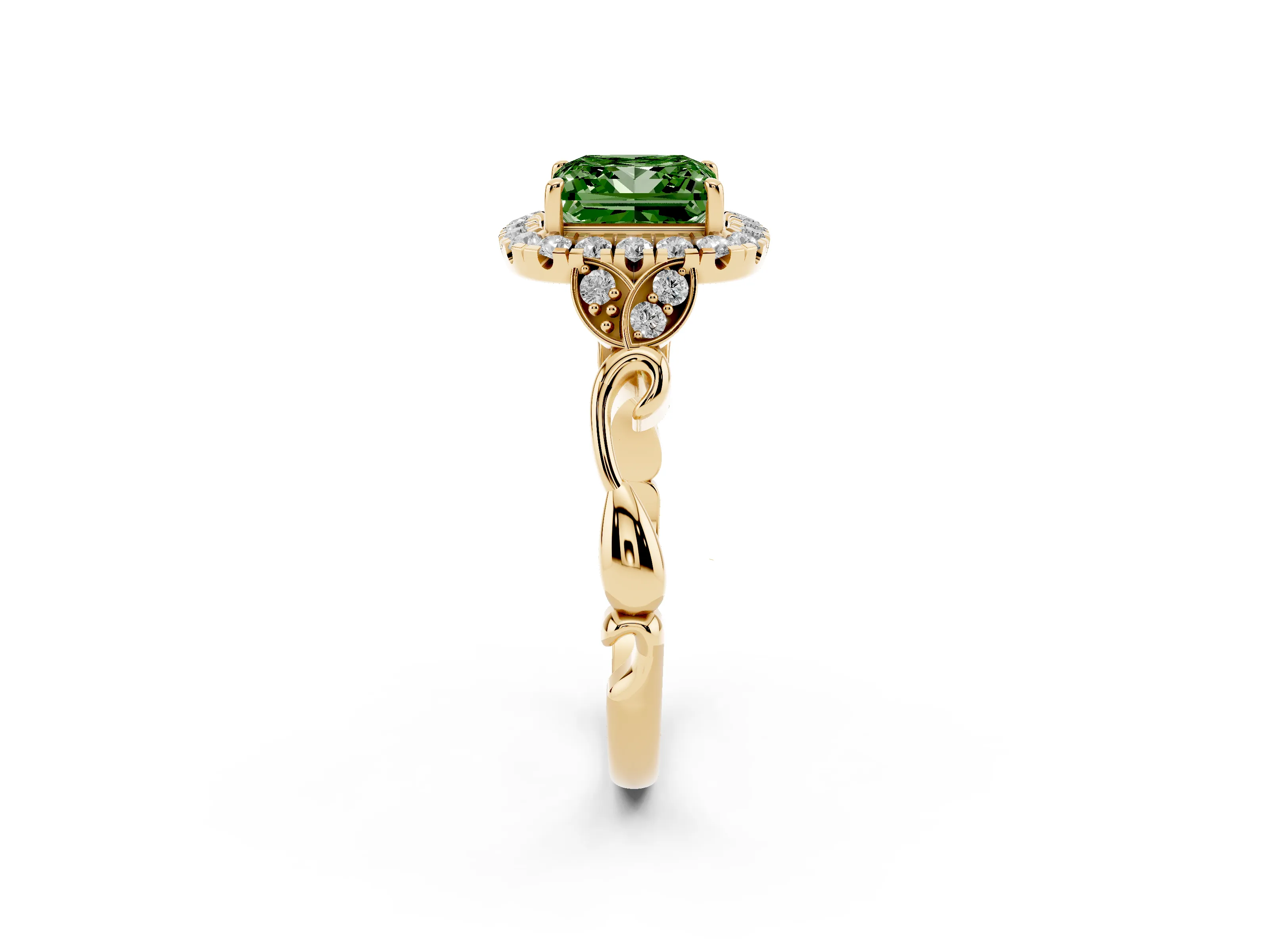Fancy Green Princess Cut Diamond Halo Engagement Ring Set in Yellow gold with Vintage-Inspired Band and Prong Setting