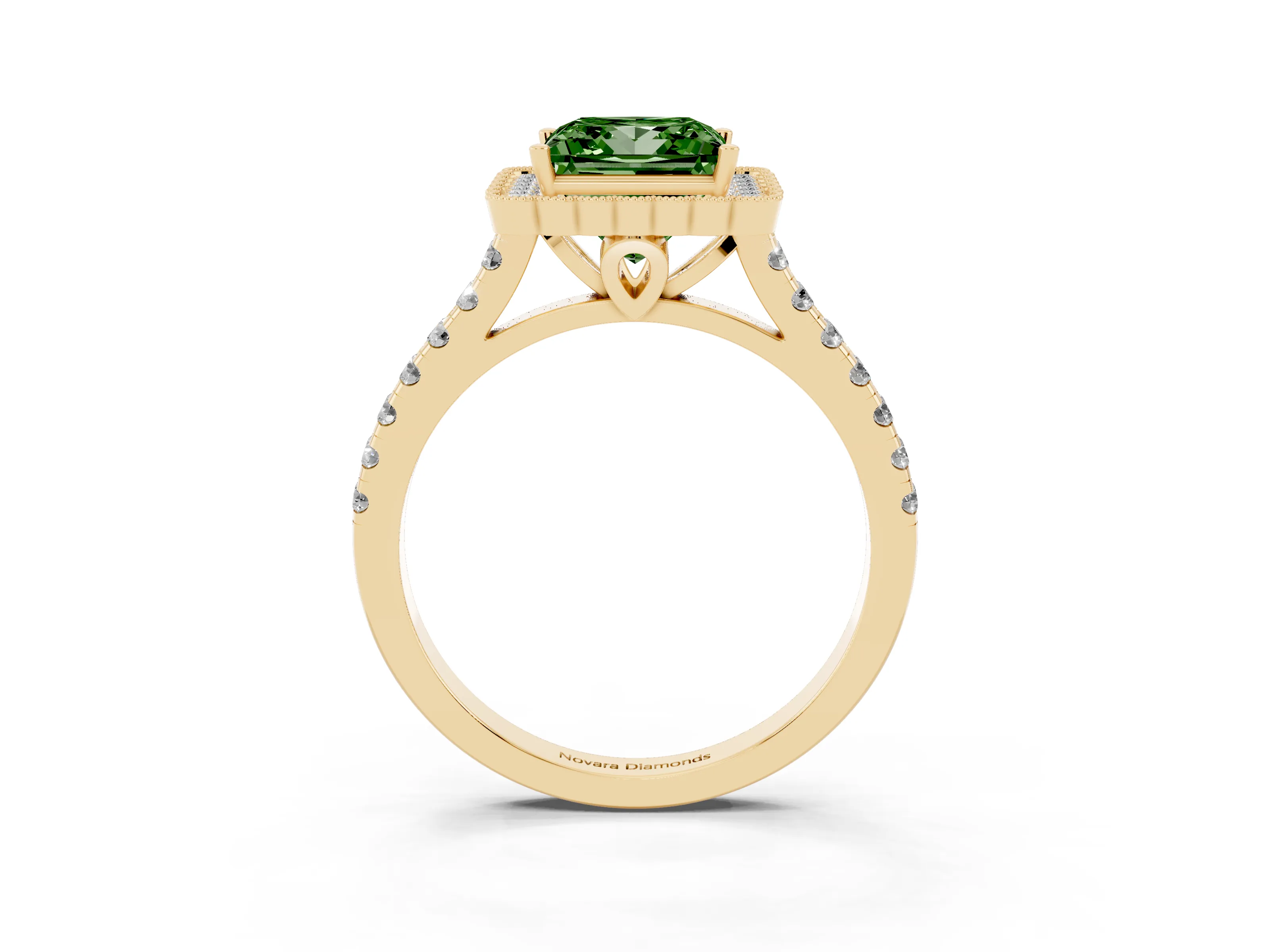 Fancy Green Princess Cut Diamond Milgrain Floral Halo Engagement Ring Set in Yellow gold with Pavé Band