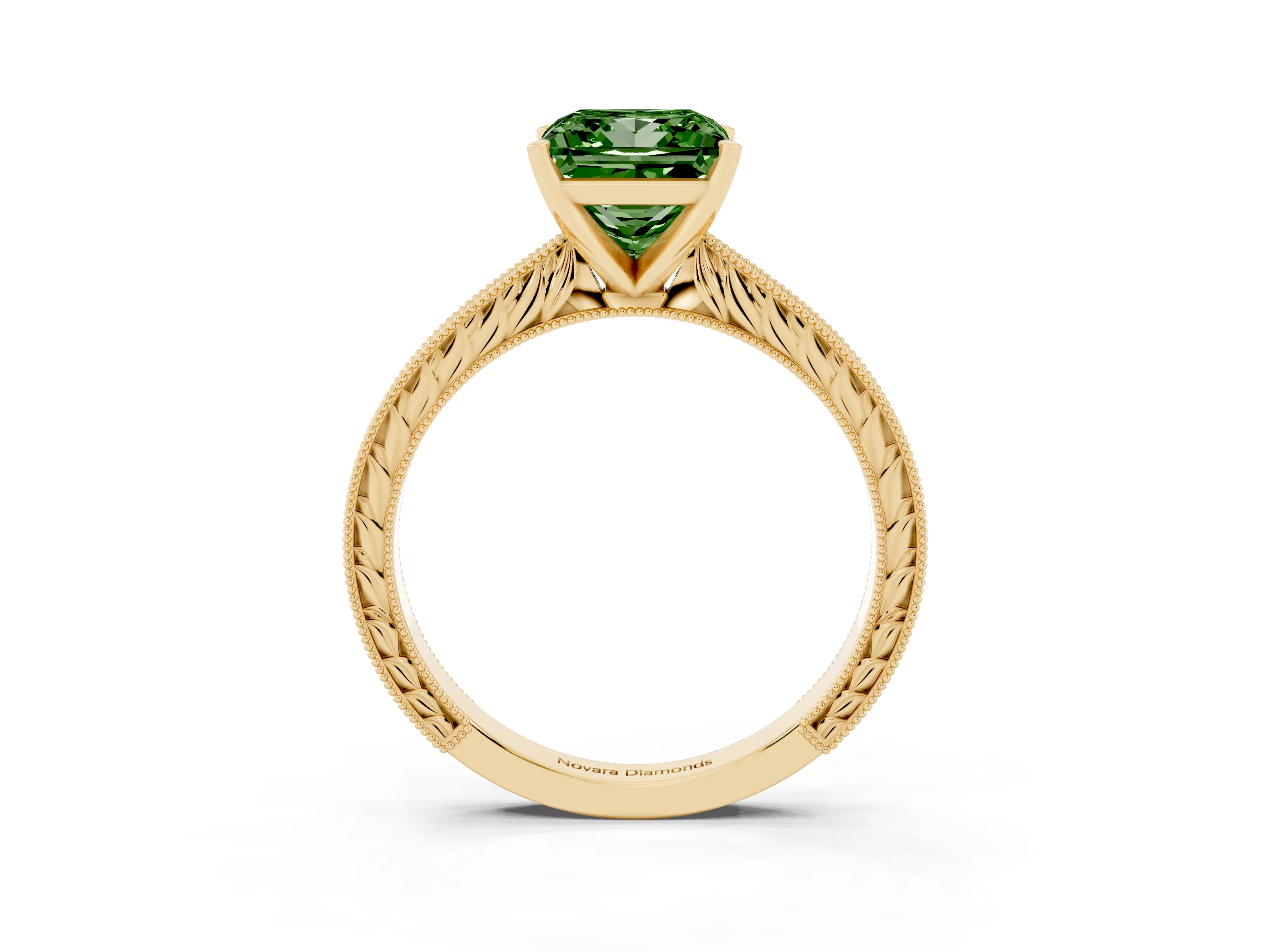 Fancy Green Princess Cut Diamond Solitaire Milgrain Engraved Band Set in Yellow gold with Prong Setting