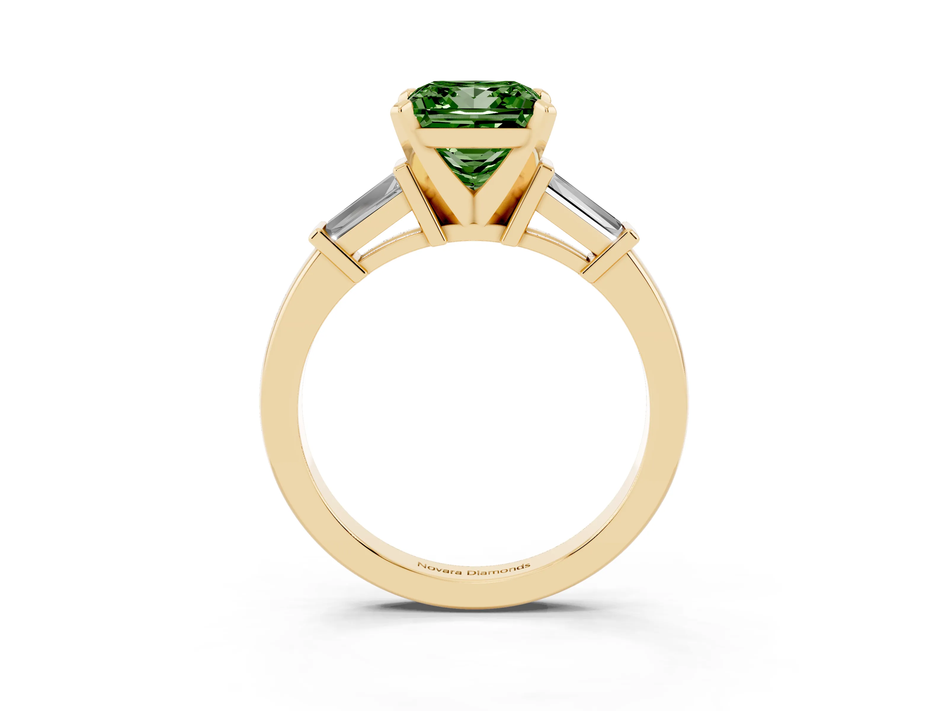 Fancy Green Princess Cut Diamond Solitaire Ring Set in Yellow gold with Tapered Baguette Accents and Prong Setting