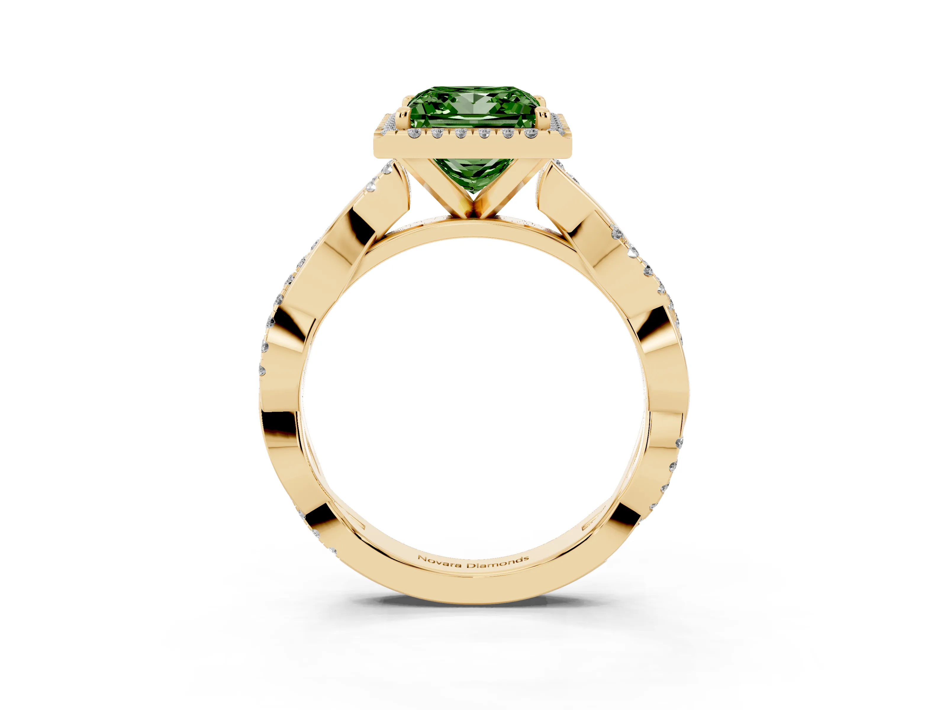 Fancy Green Princess Cut Diamond Halo Twisted Band Ring Set in Yellow gold with Prong Setting