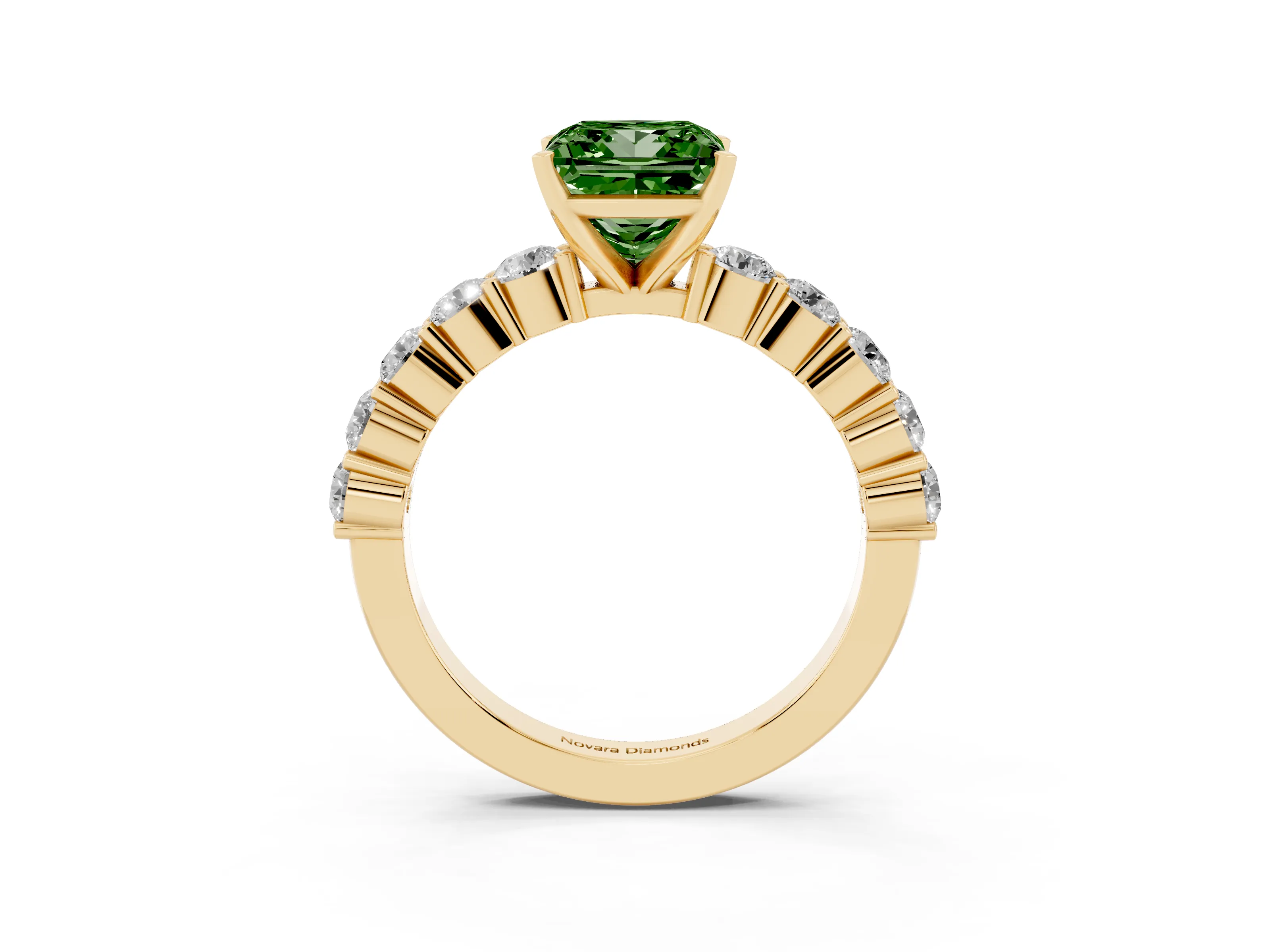 Fancy Green Princess Cut Diamond Solitaire Ring Set in Yellow gold with Shared Prong Round Side Stones
