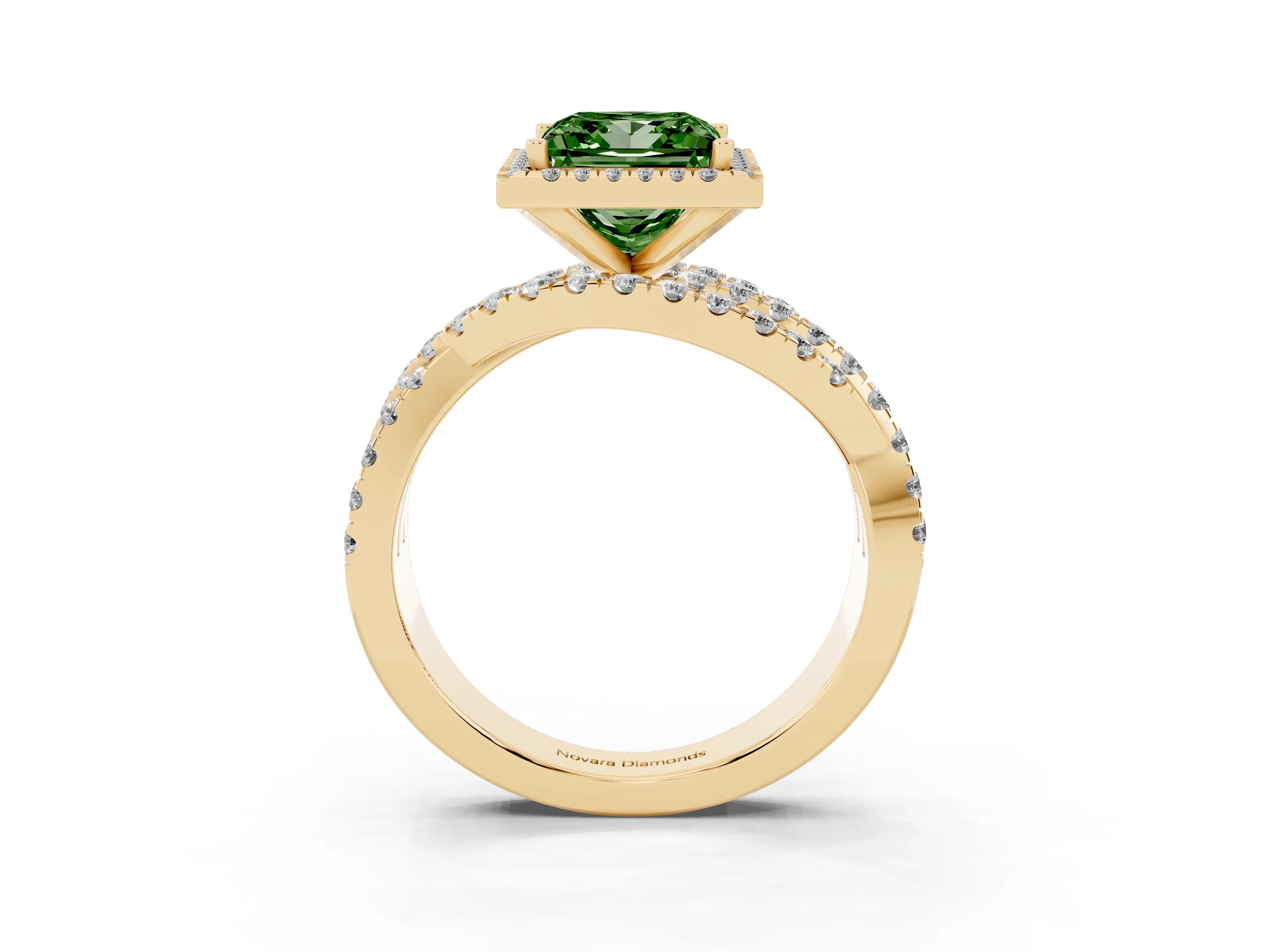 Fancy Green Princess Cut Diamond Halo Ring Set in Yellow gold with Round Crossover Split Shank and Prong Setting